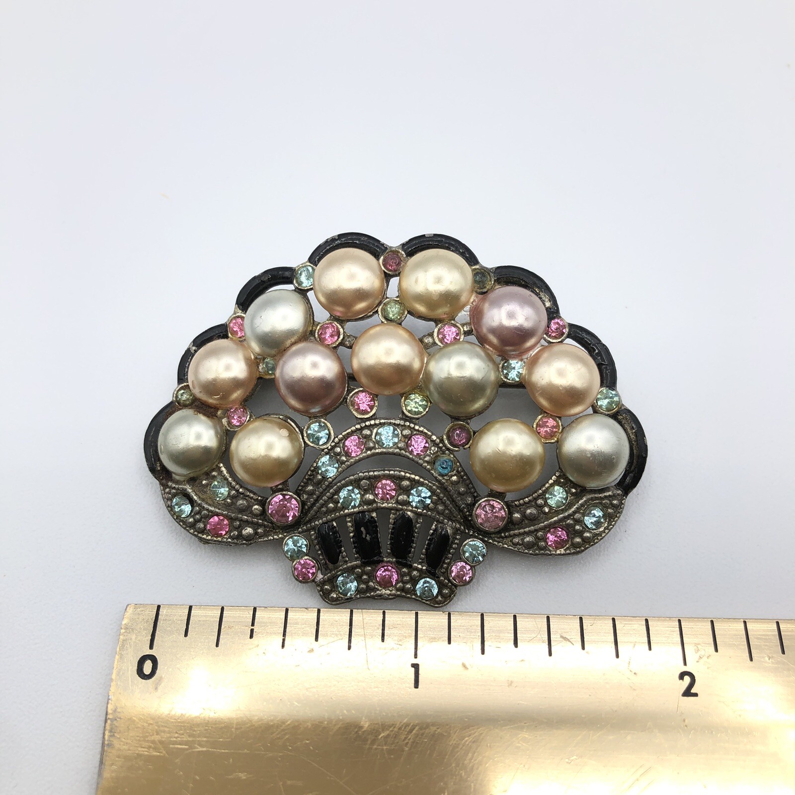 Vintage New England Glass Works Brooch Pastel Pearl Rhinestone Basket Brooch