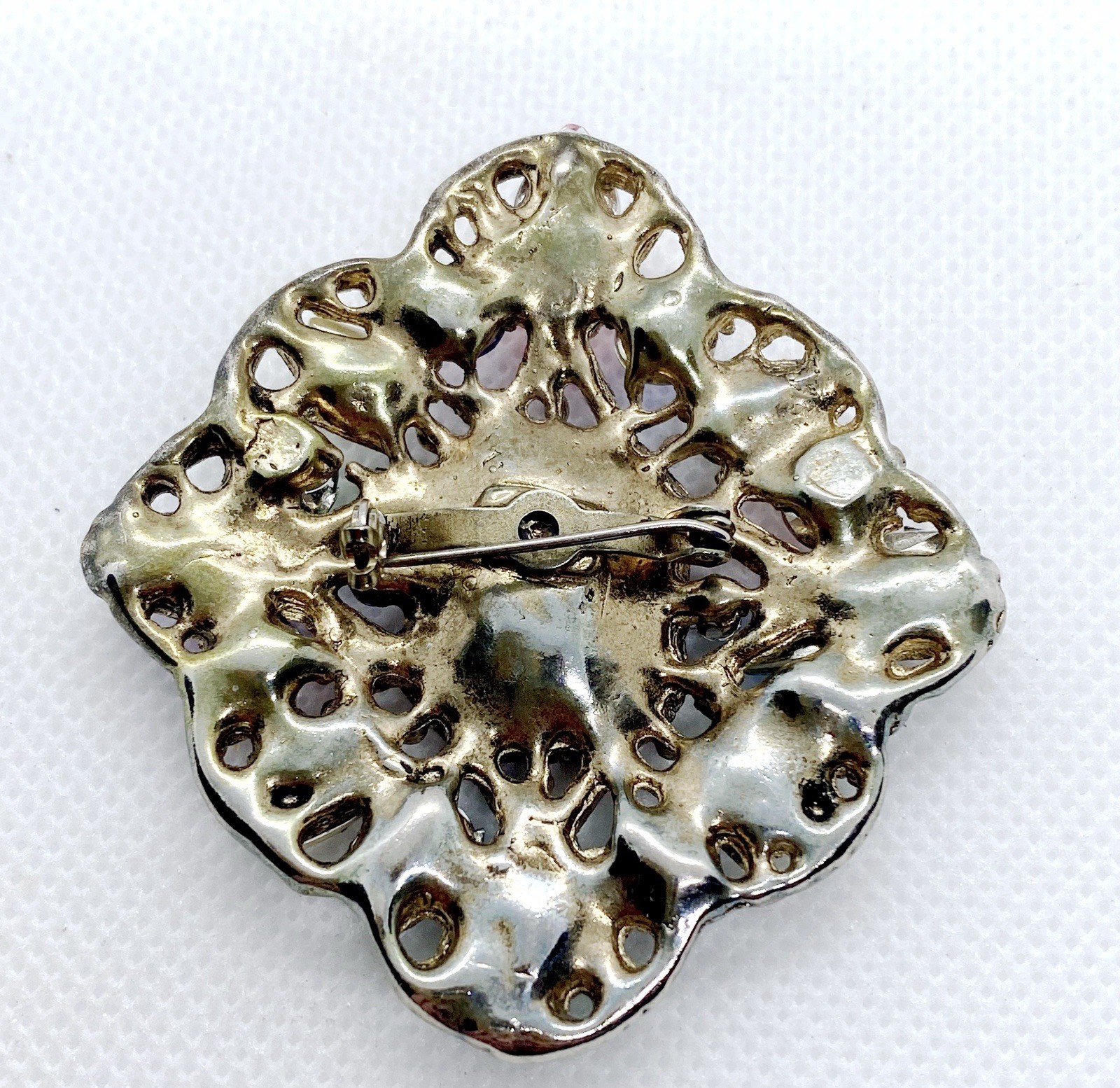 Vintage LG Silver Gold Tone Red Blue Green Faux Stone Pearl Brooch