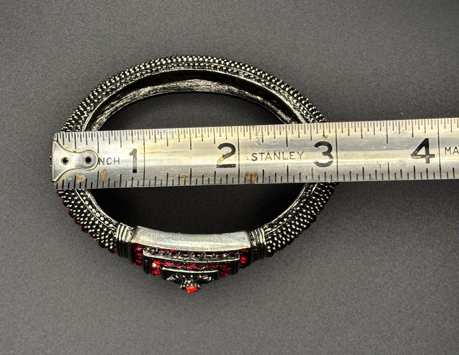 Ruby red and iridescent Aurora Borealis rhinestones Hinged Bracelet