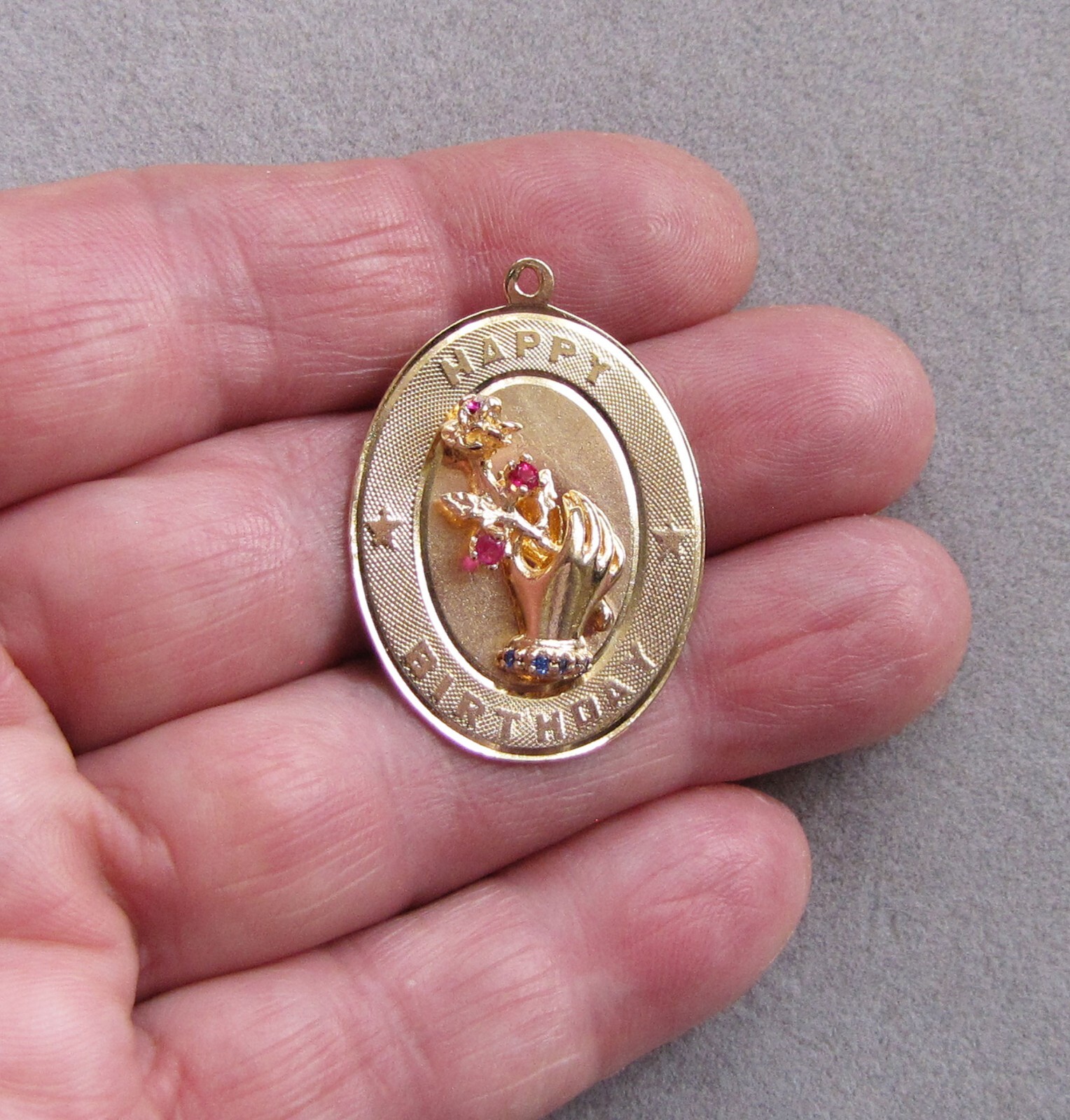 Vtg. Lg. 14K Ruby & Sapphire “Happy Birthday” Charm w/ Hand & Rose — 6.3 grams