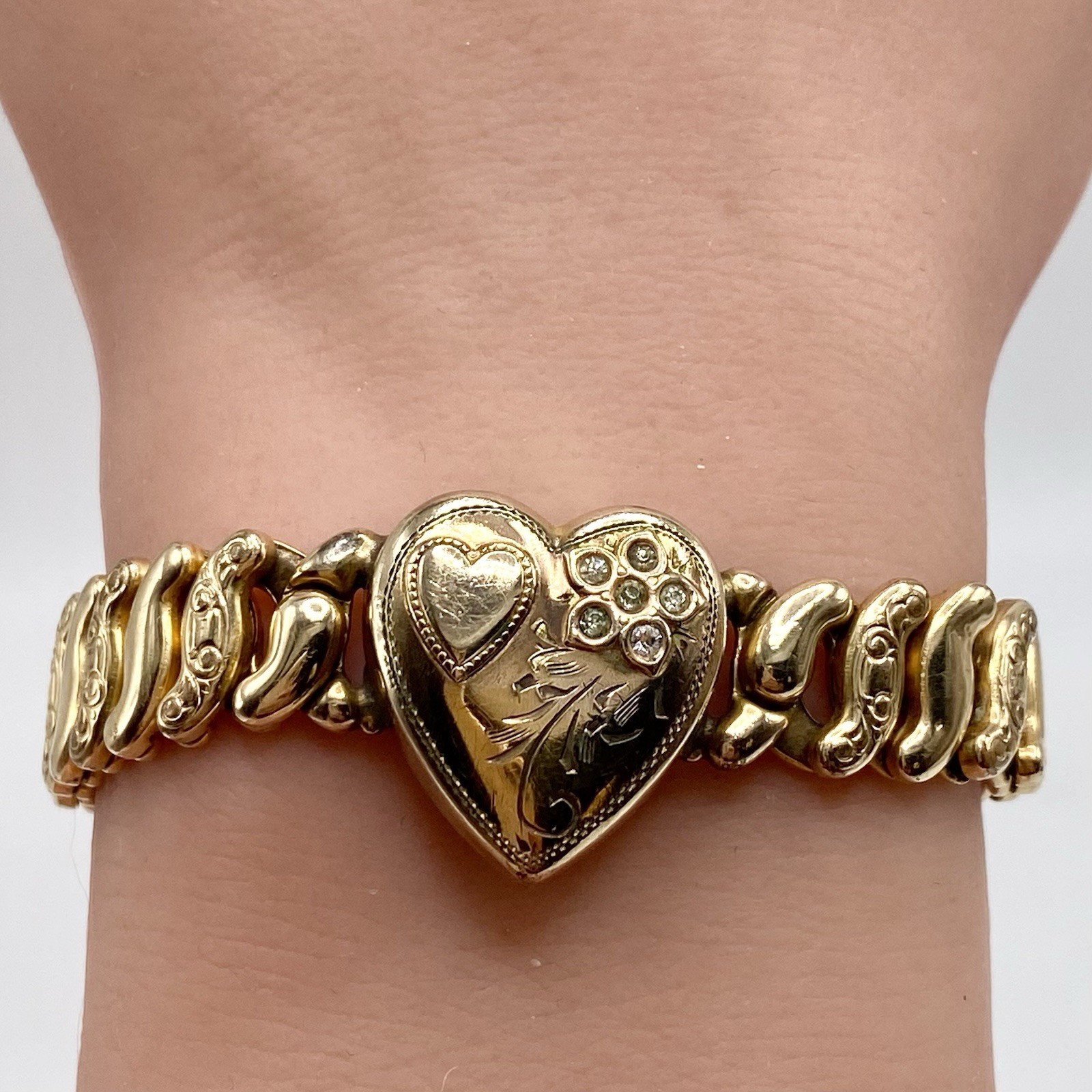WWII Sweetheart Heart Expansion Bracelet Jewel Guild Gold Filled Rhinestone