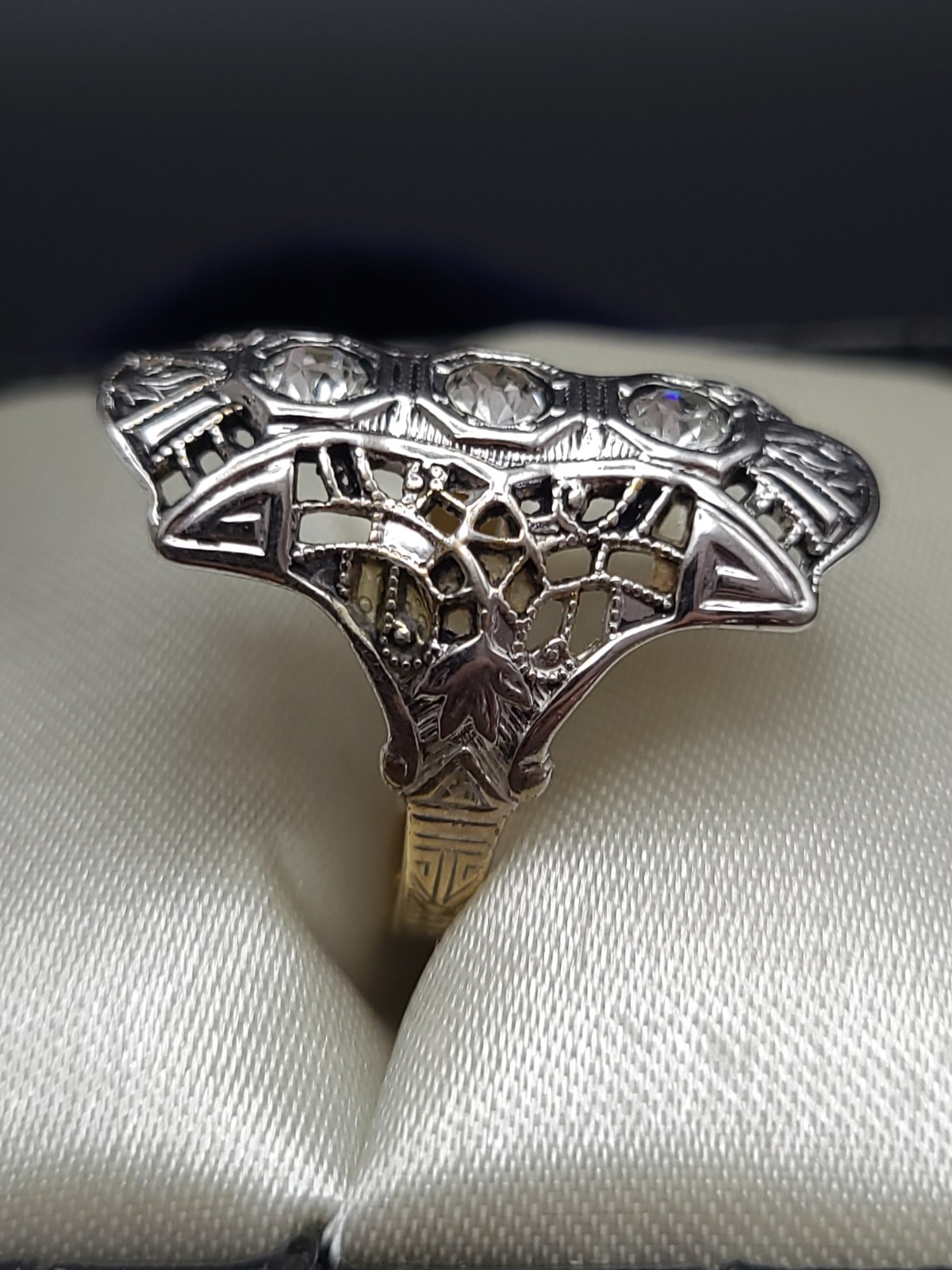 Vintage 14KT GE Art Deco Filigree Glass Stone Ring Size 6.5