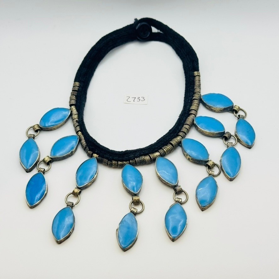 VTG Blue Glass Collar Bib Necklace BOHO Egyptian style choker silver fringe 14″