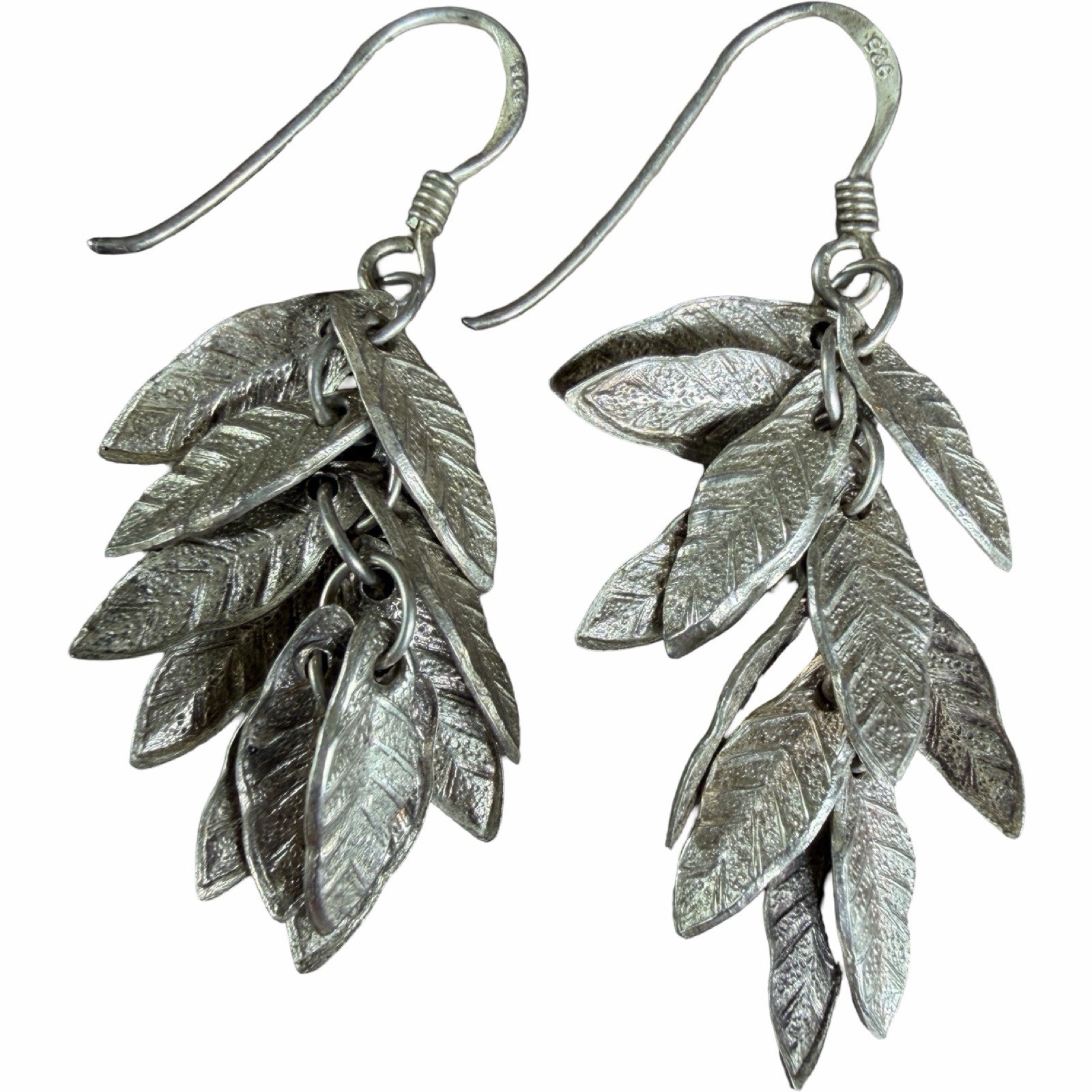 Vintage Sterling Silver Leaf Cluster Dangle Earrings 925 Nature Boho
