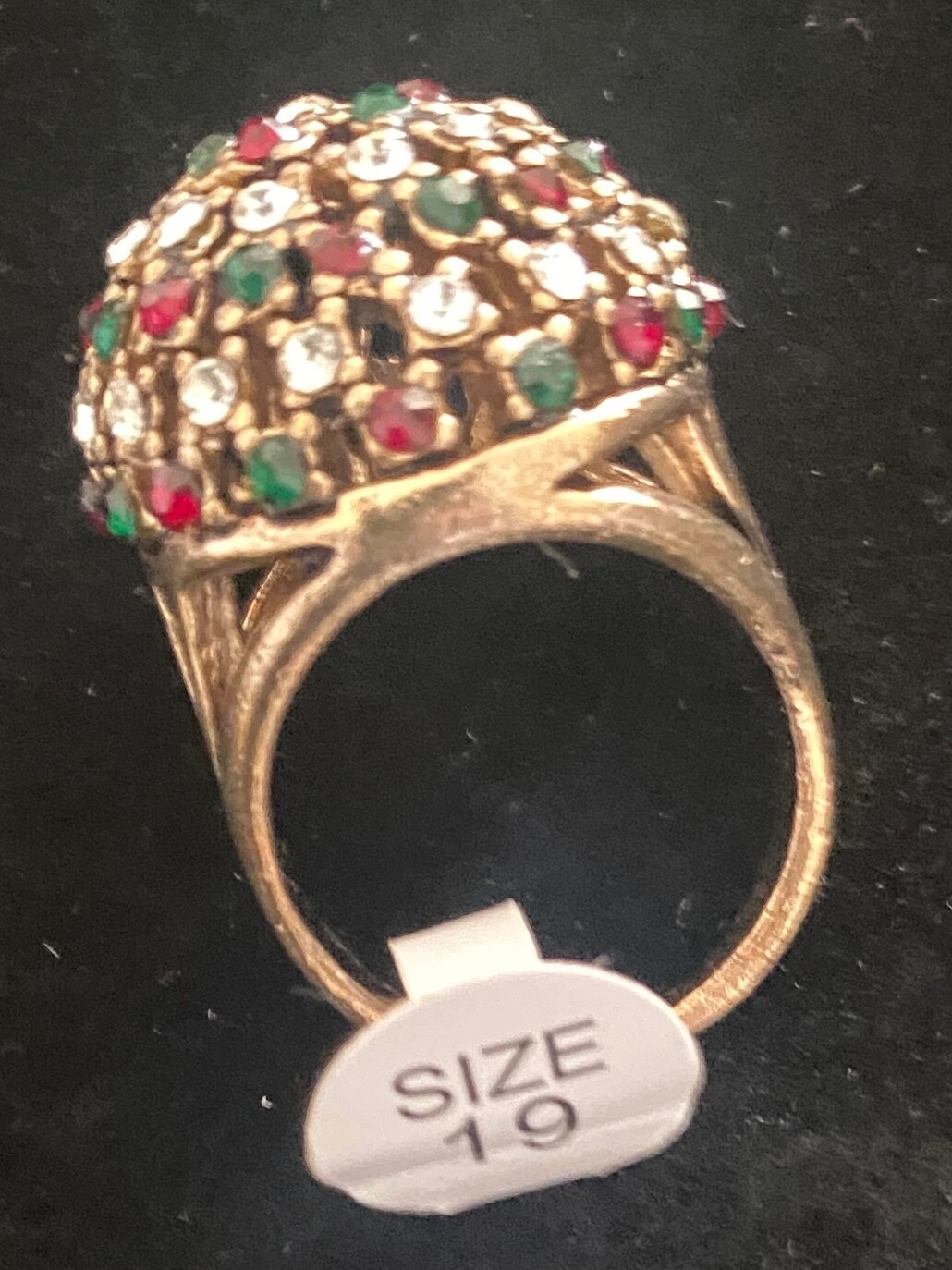 Ring Gold Tone Red Green Rhinestone Large statement Cocktail MCM Sz 9
