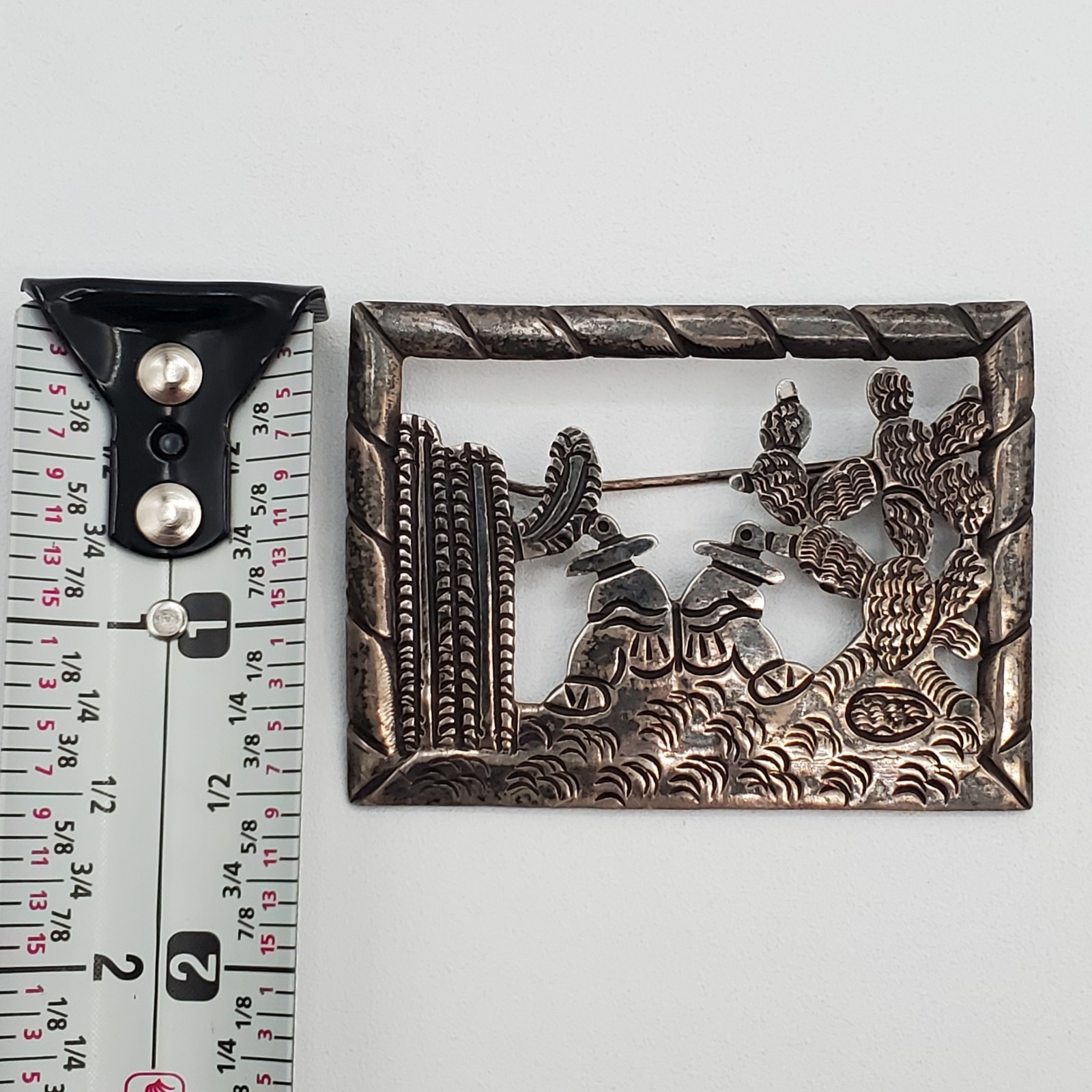 Mexican 980 Silver Brooch 2in Siesta Men Cactus Scene Handmade 17.1g Fine VTG