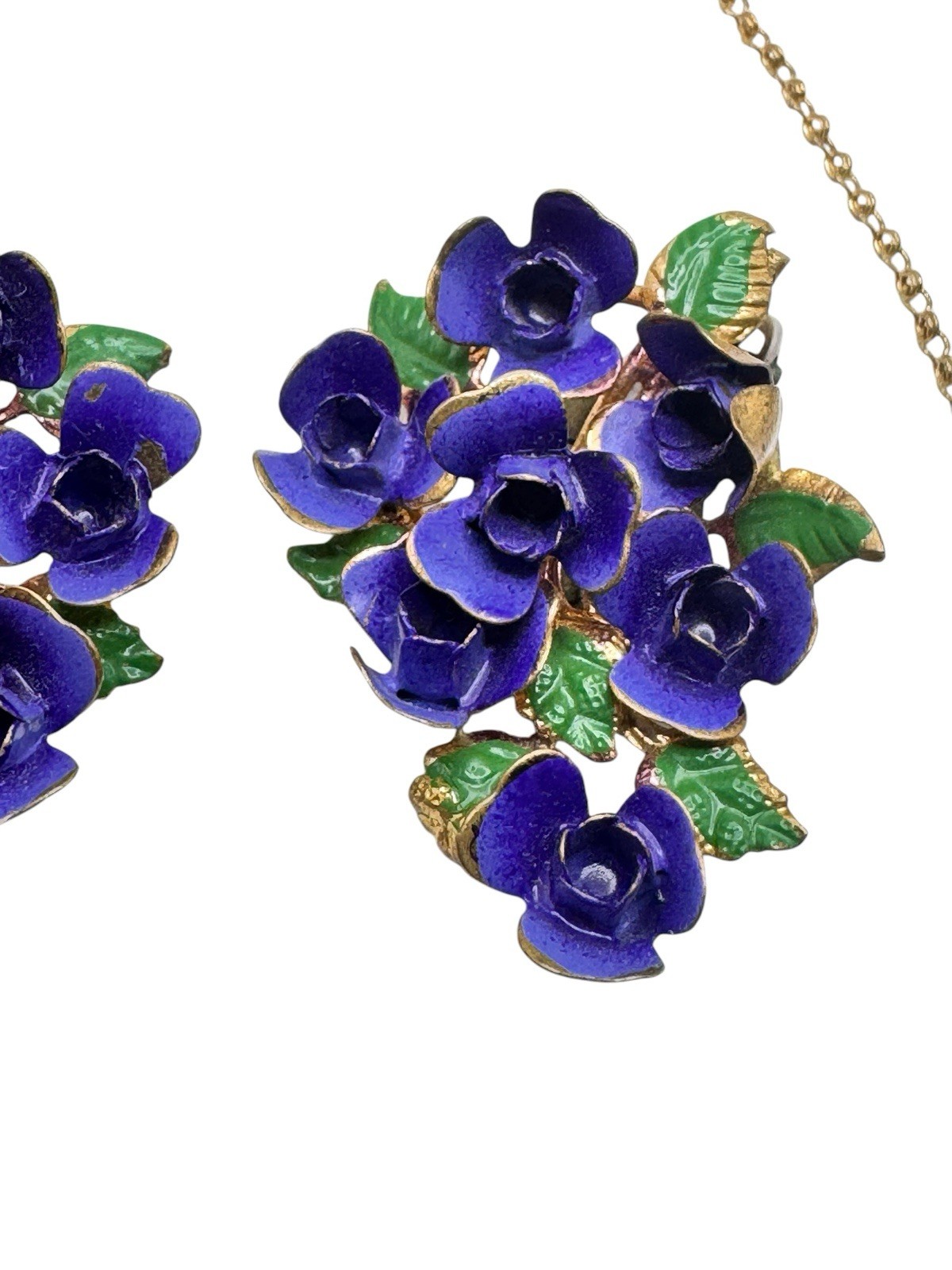 Vintage Enamel Pansy Violet Flower Necklace Earrings Set Suffragate Era