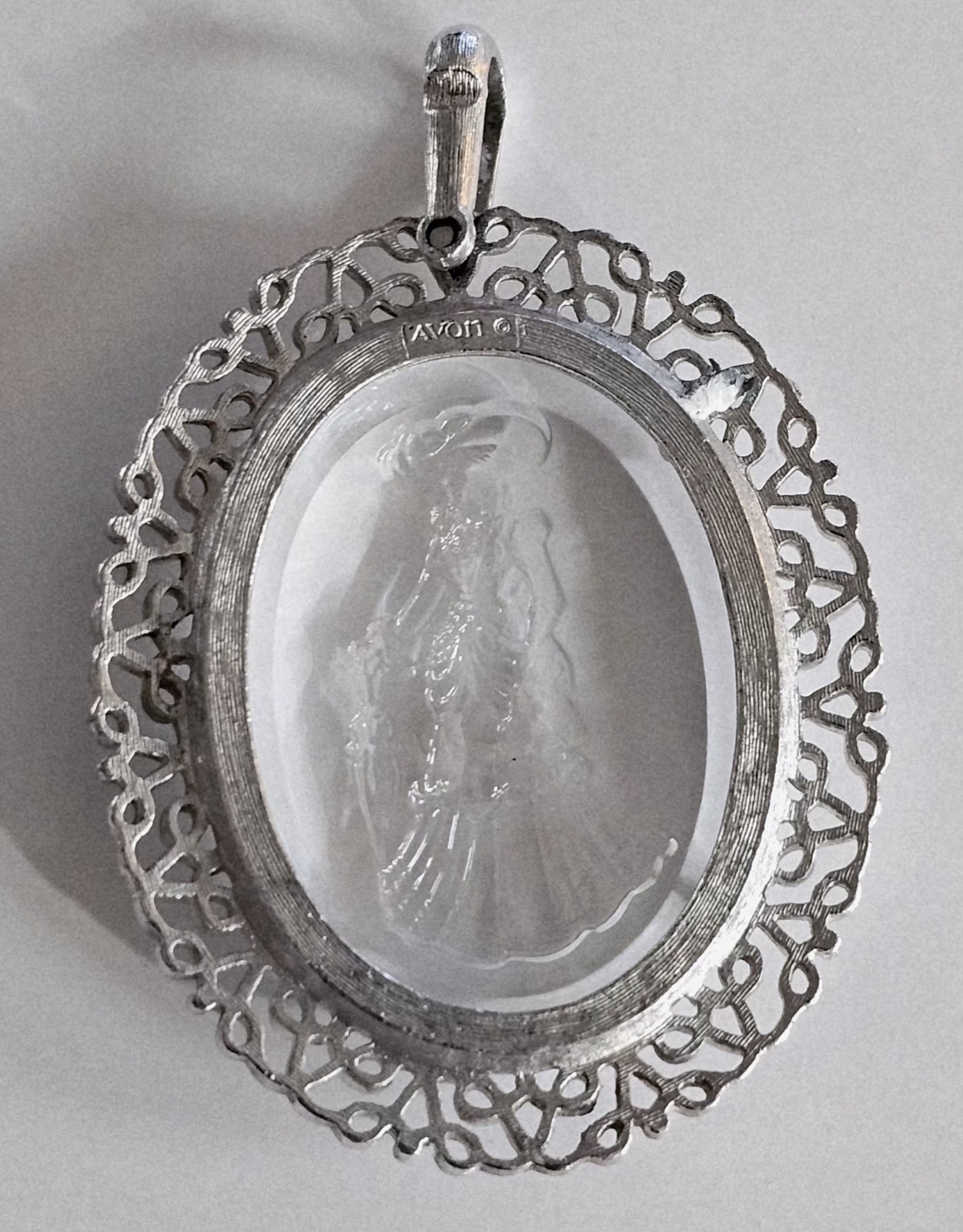 Vintage Avon Cameo Pendant Silver Tone Filigree Lady Intaglio Necklace Charm