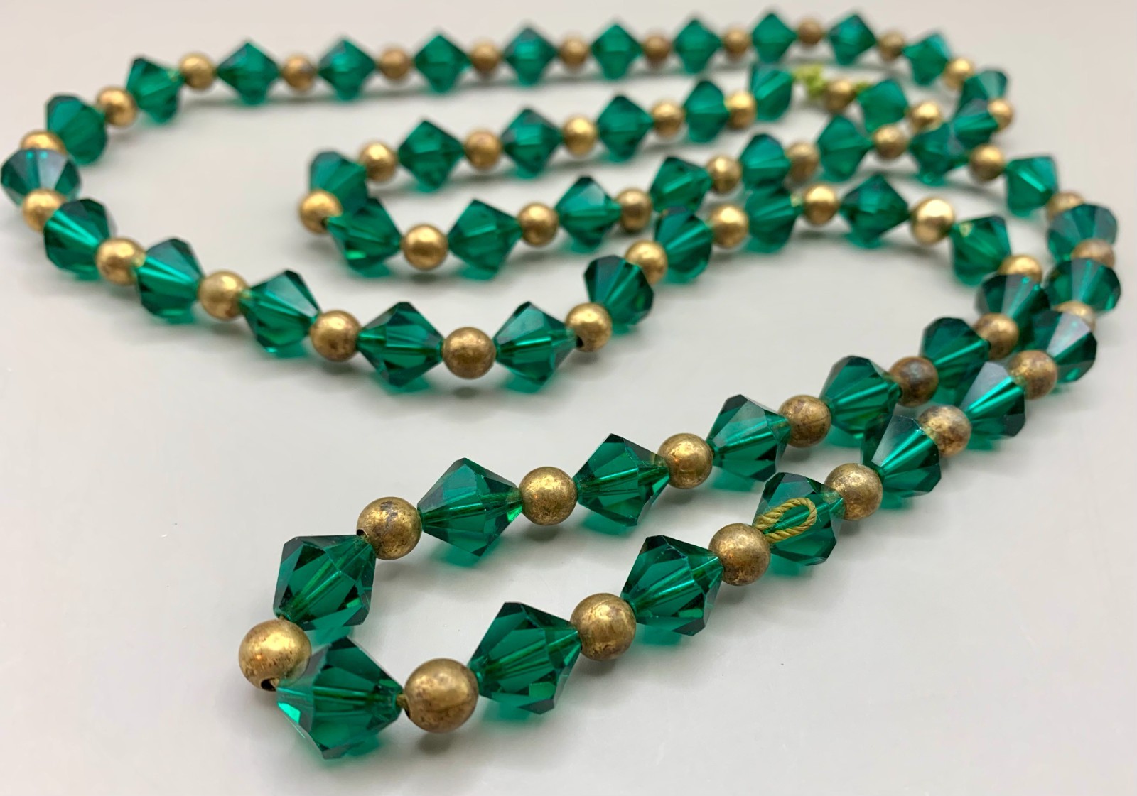 Art Deco Glass Beads Necklace Evergreen Bicone Brass Beads Long 36″ READ