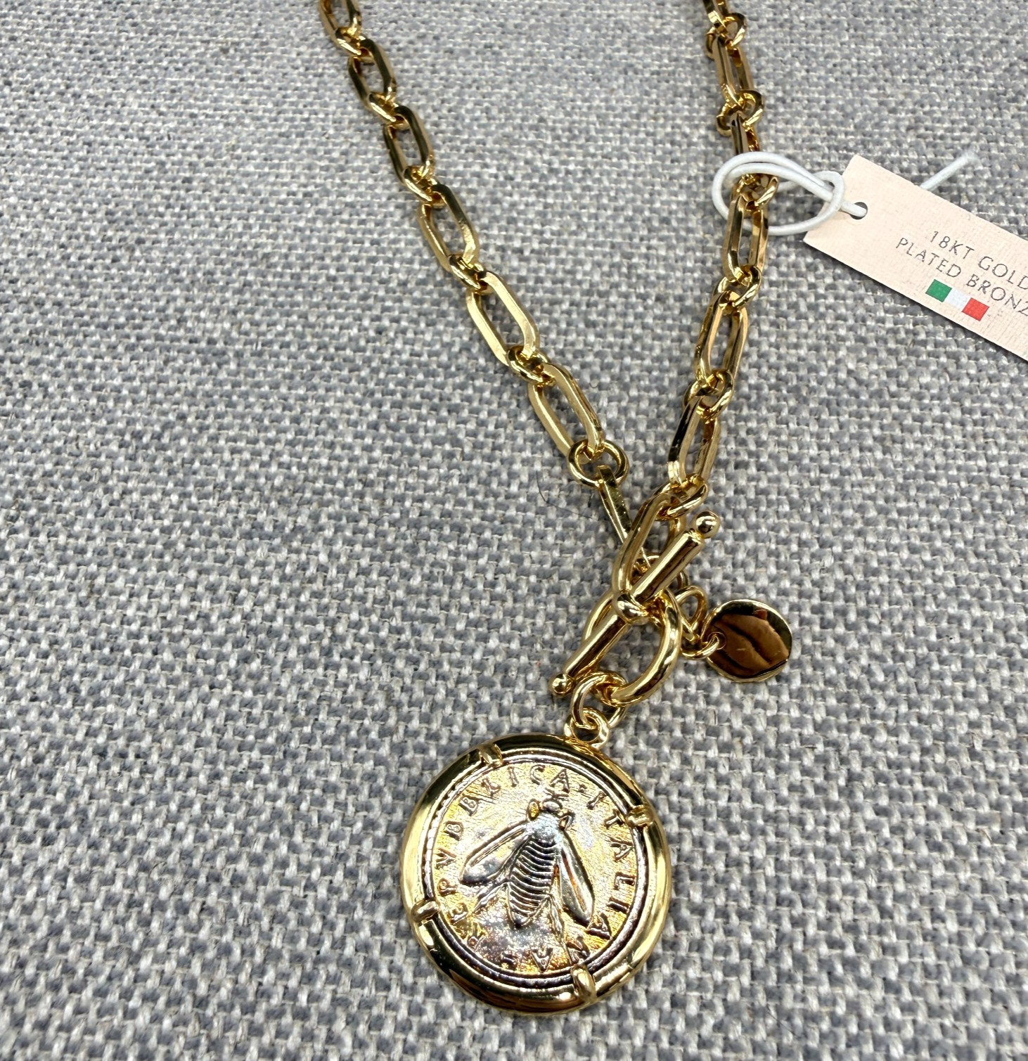 Mia Fiore Necklace Dyadema 18K Gold Plated Coin Pendant Italy Paperclip Chain