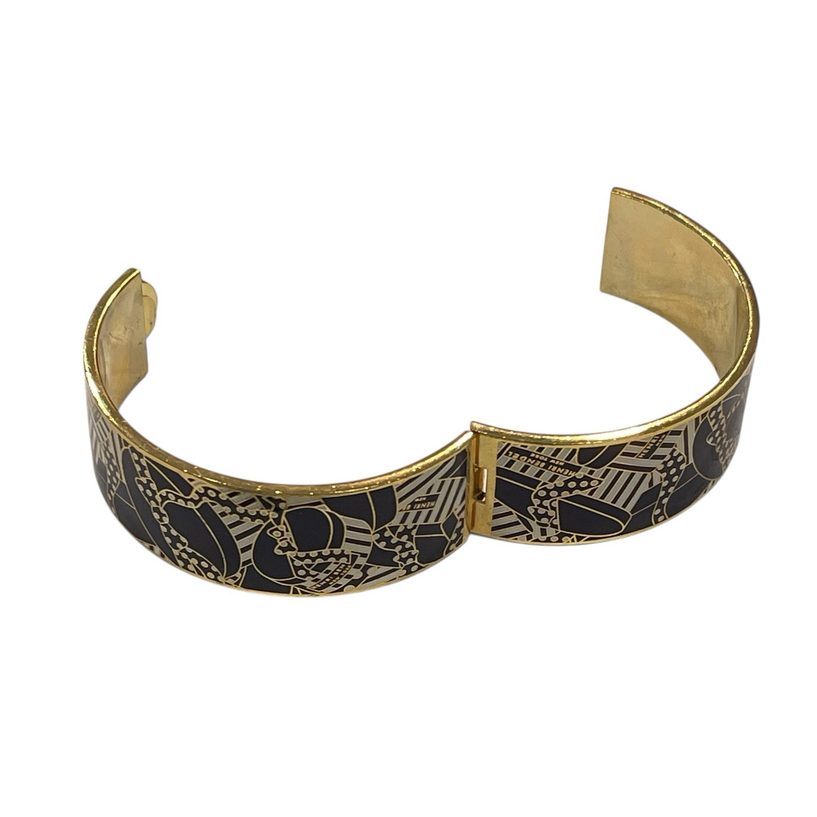 Henri Bendel Bangle Bracelet Gold Tone Brown Abstract Pattern Enamel Hinged Wide