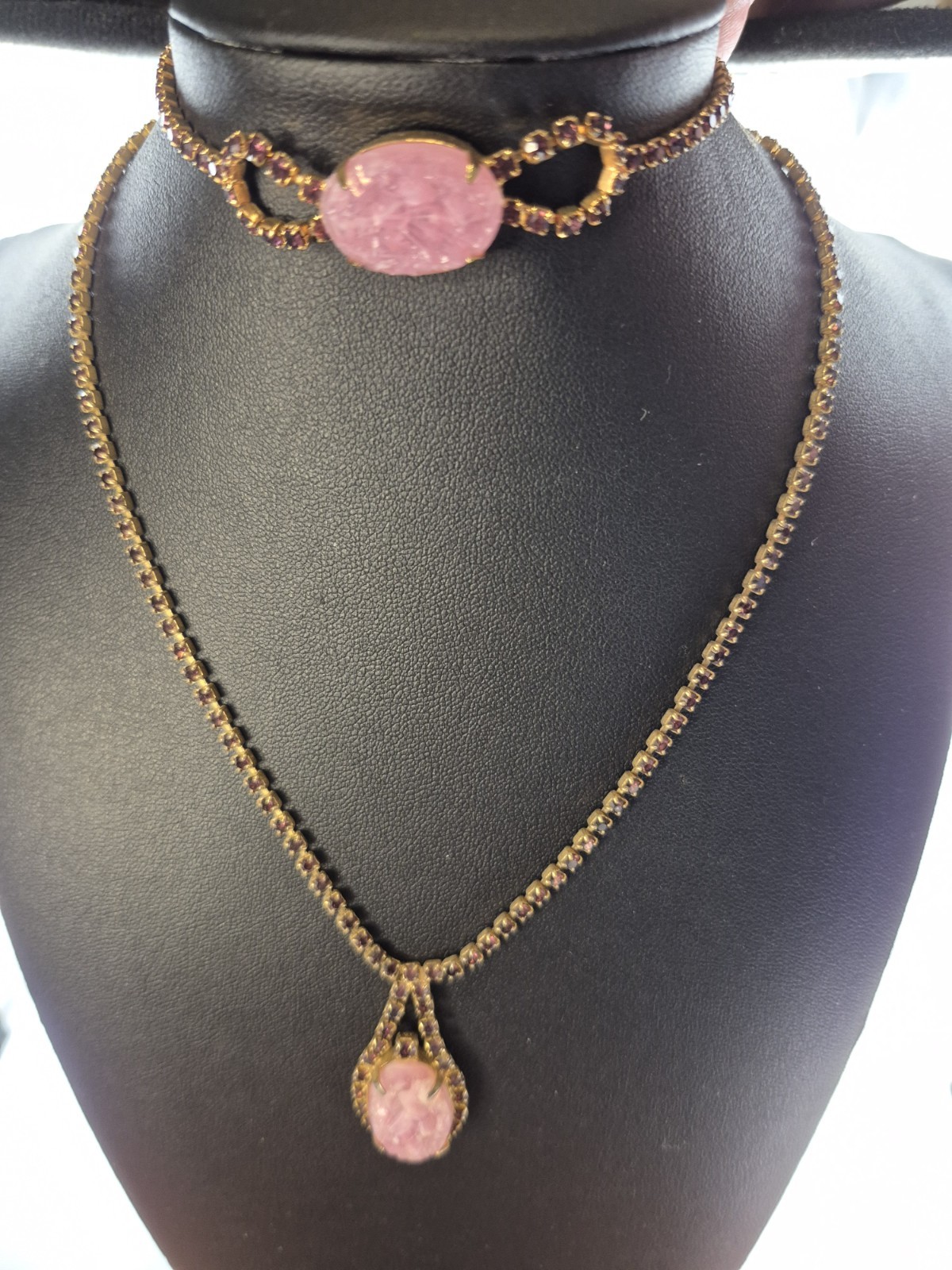 VTG CELEBRITY NY Necklace Bracelet Pink Geode/Pink Druzy w/ Purple Rhinestones
