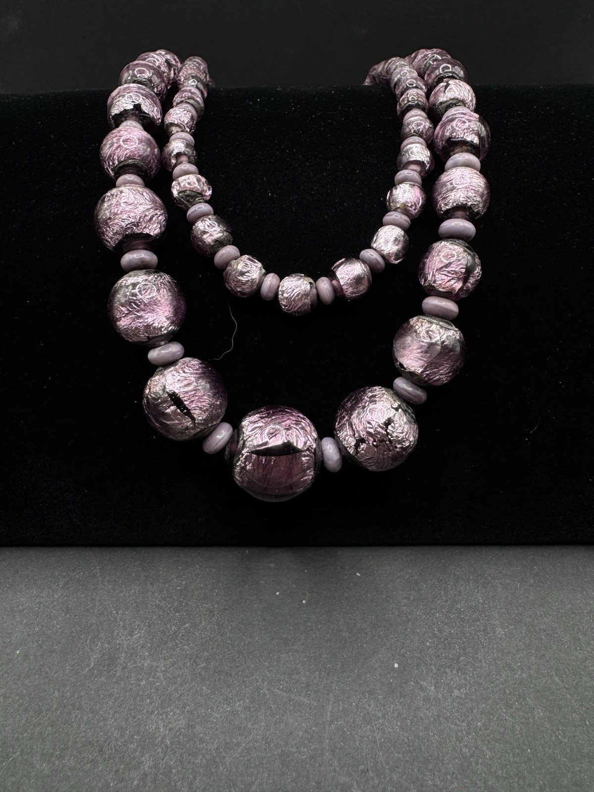 Vintage RARE Collectors MURANO FOILED GLASS BEAD Sterling Clasp Double Necklace