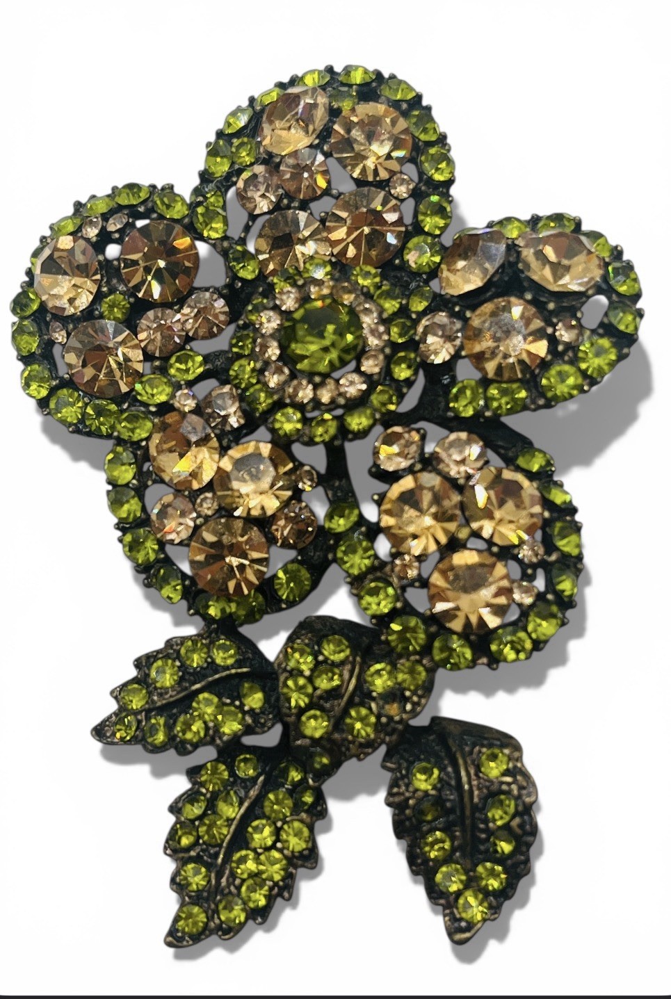 Vintage 1980’s Champagne & Olivine Glam Large Flower Glass Rhinestone Brooch