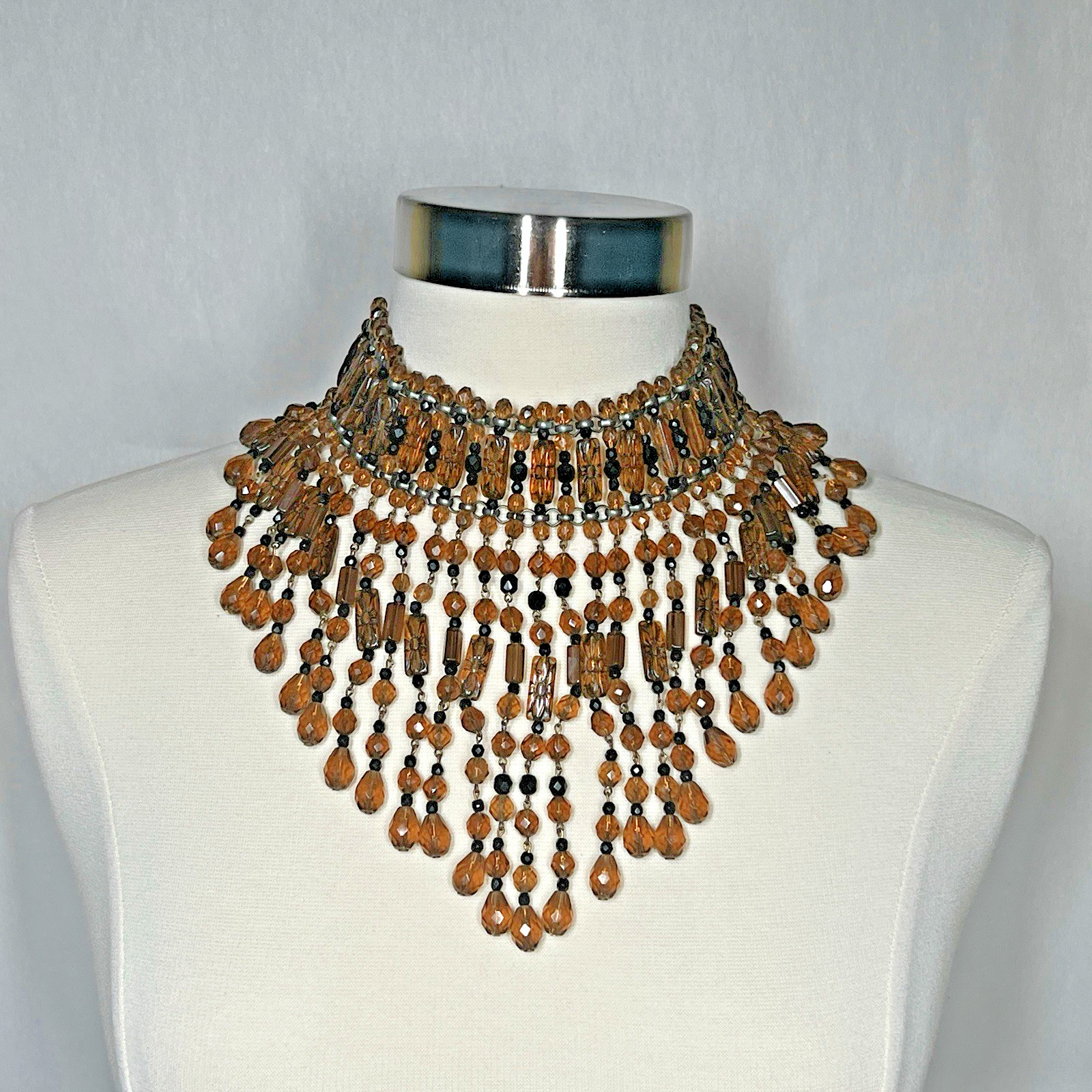 Vintage Amber Glass Beaded Choker Fringe Statement Necklace Collar Bib 15″-18”
