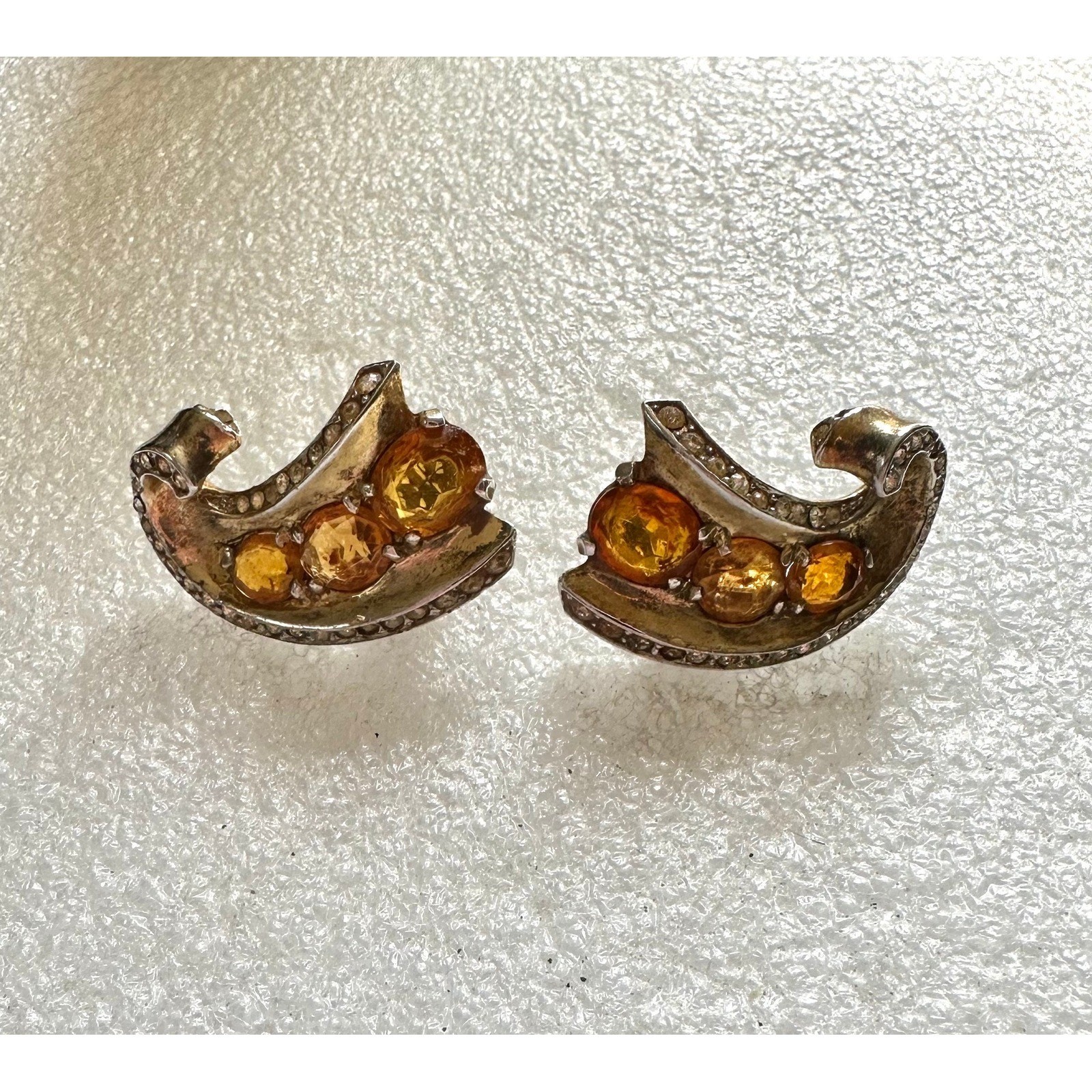 1940’s Trifari Sterling Silver w/ Gold Wash & Citrine Rhinestones Earrings