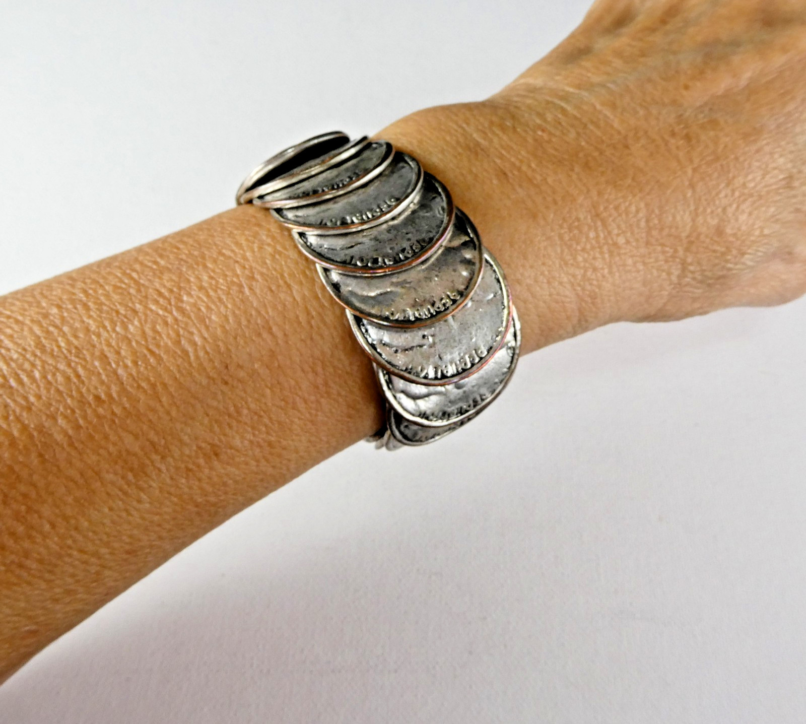 Vintage Silver Souvenir COIN Bracelet Stretch Expansion Large Coins Nice Quality