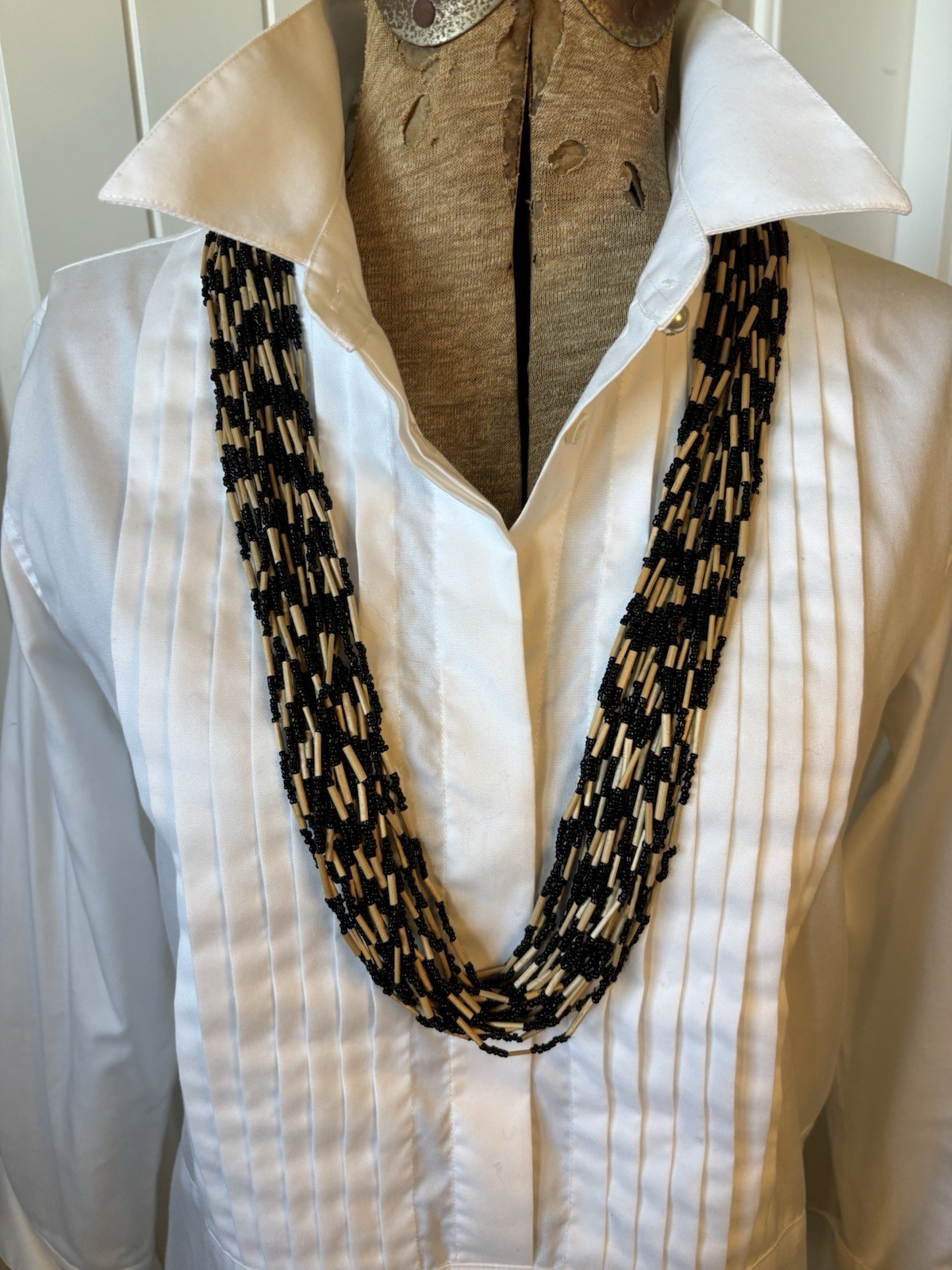 Vintage Southwestern Multi Strand Beige Heishi Tube Bead Necklace Native Style