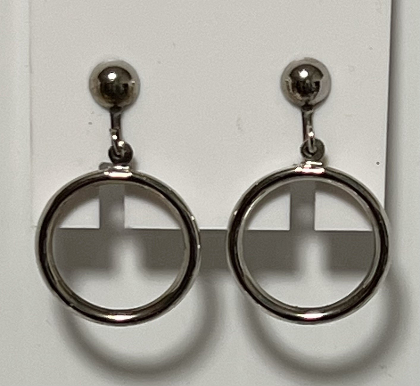 Vintage Clip On Earrings Silver Tone • Tube Circle Hoop Dangle Drop
