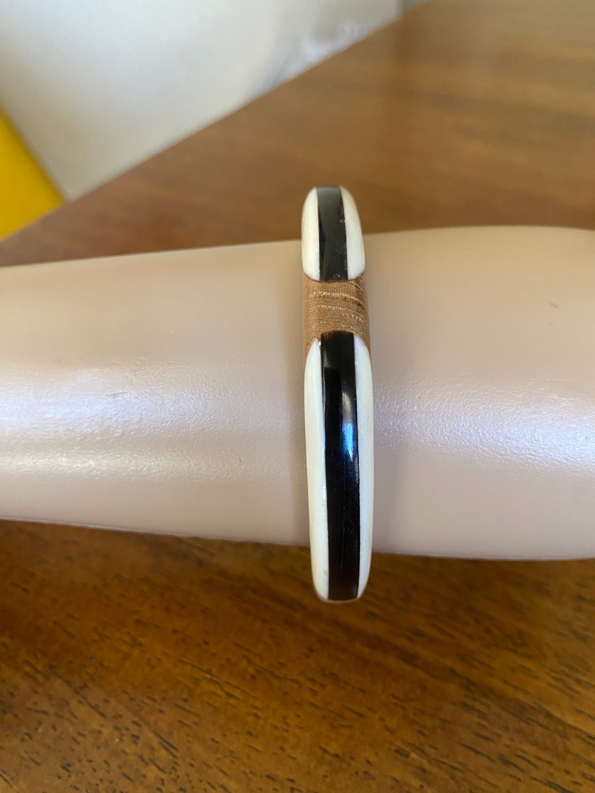 Lucite & Wood Bangle Bracelet Black White Brown