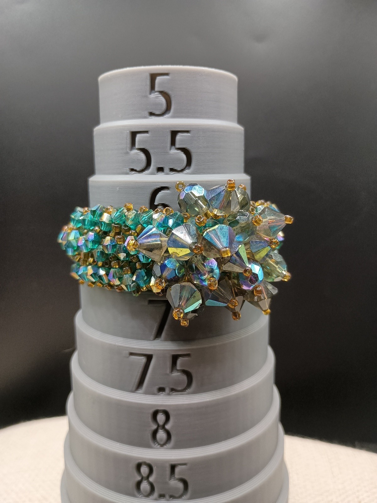 Vintage AB Peacock Beaded Bracelet Cha Cha Party Bow Bicone Glass Blue Green 7″