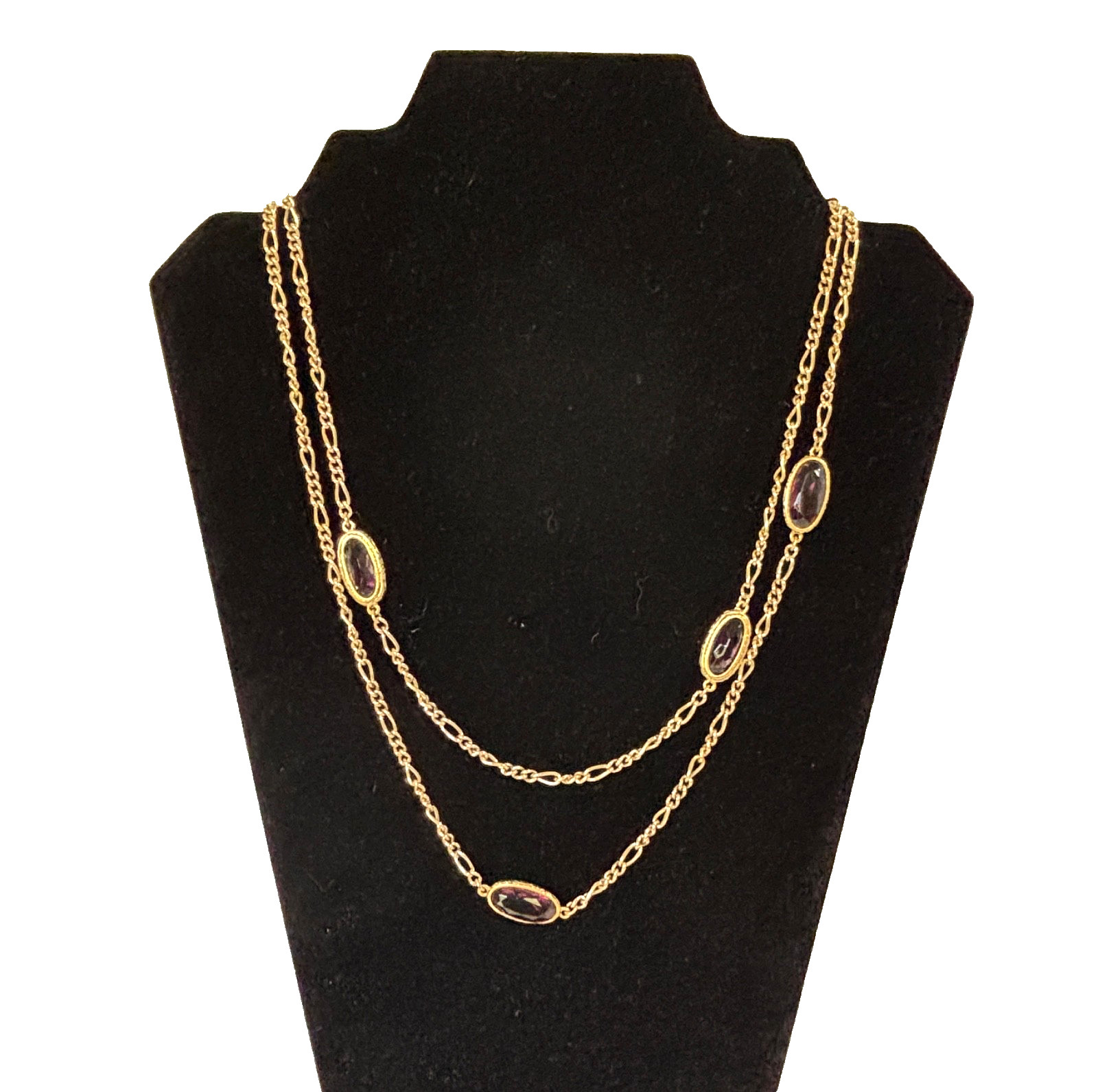 1928 Brand Amethyst Purple Crystal Bezel Necklace Goldtone Figaro Link Chain 44″