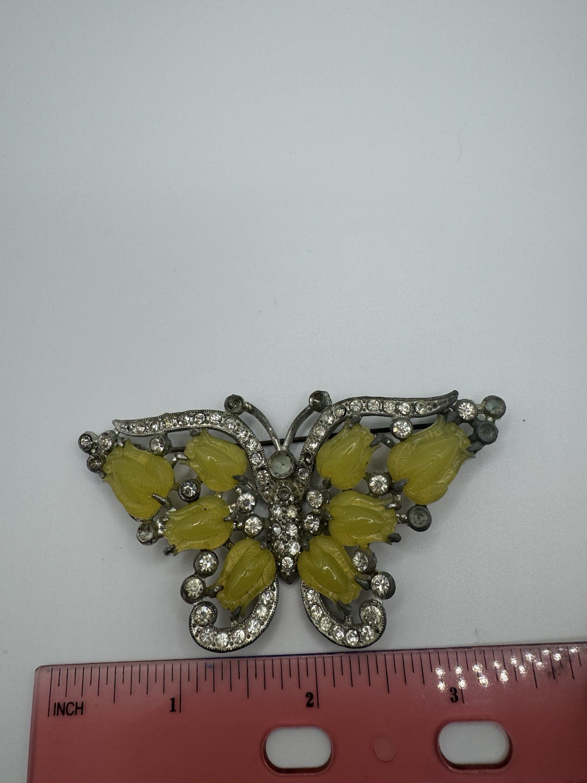 RAREST VTG Vintage Costume Yellow Glass Fruit Salad CURVED BUTTERFLY BROOCH AS I