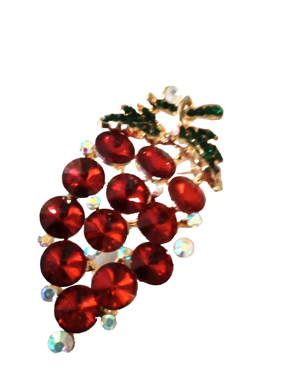 Vintage Red Crystal Brooch Grape Cluster Green Leaves 80s NOS Large 3 1/4 In