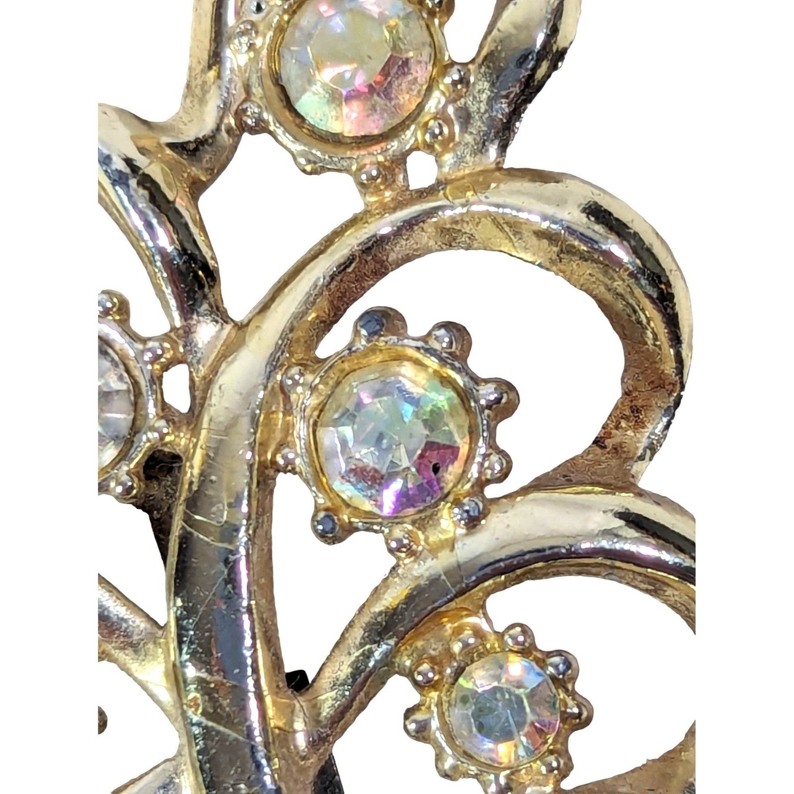 Gold Tone Swirl Leaf Brooch Pin Vintage 1960s Clear Rhinestones 2″ x 1.5″ Gift