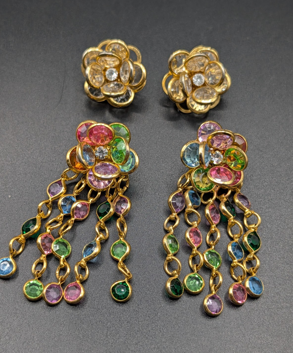 2 Pairs of Vintage Crystal Floral Cluster Gold Tone Earrings