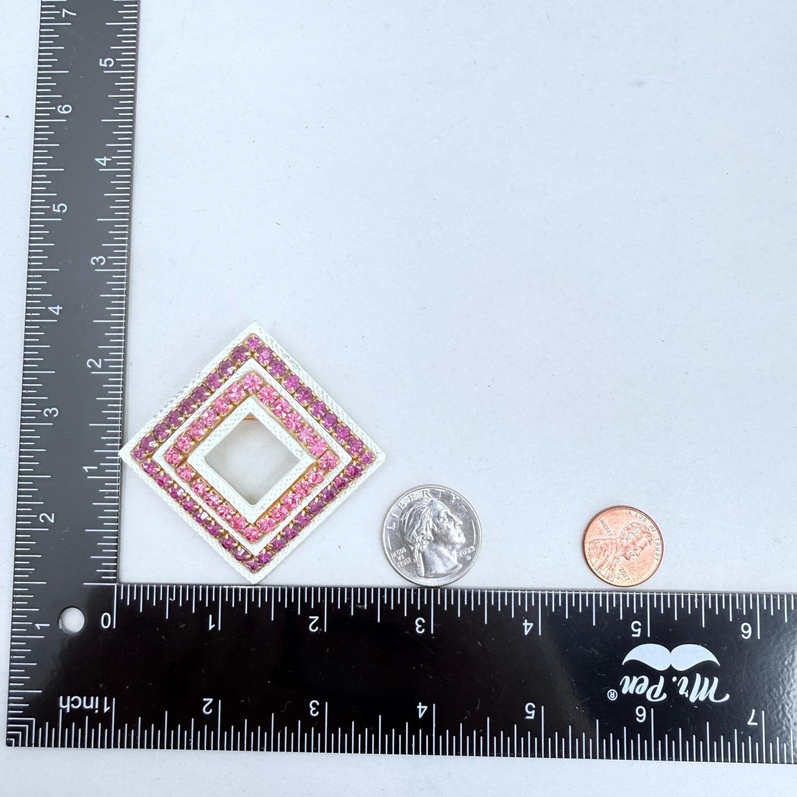 Vintage White Enamel Rhinestone Brooch Pin Geometric Square Pink Purple HEAVY