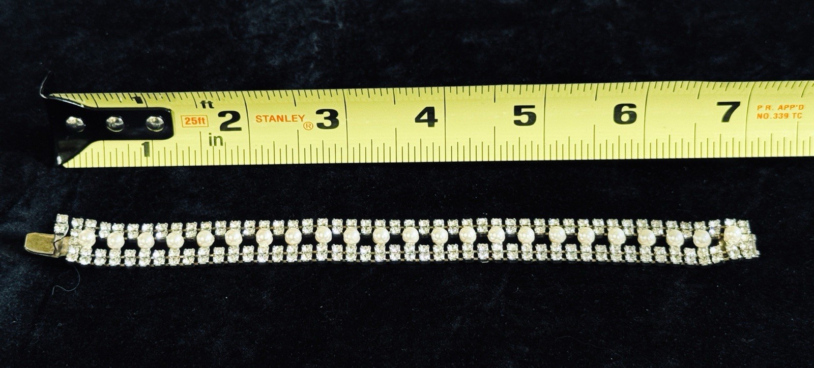 Vintage Multi Strand Clear Round Rhinestones and Faux Pearls Bracelet Box Clasp