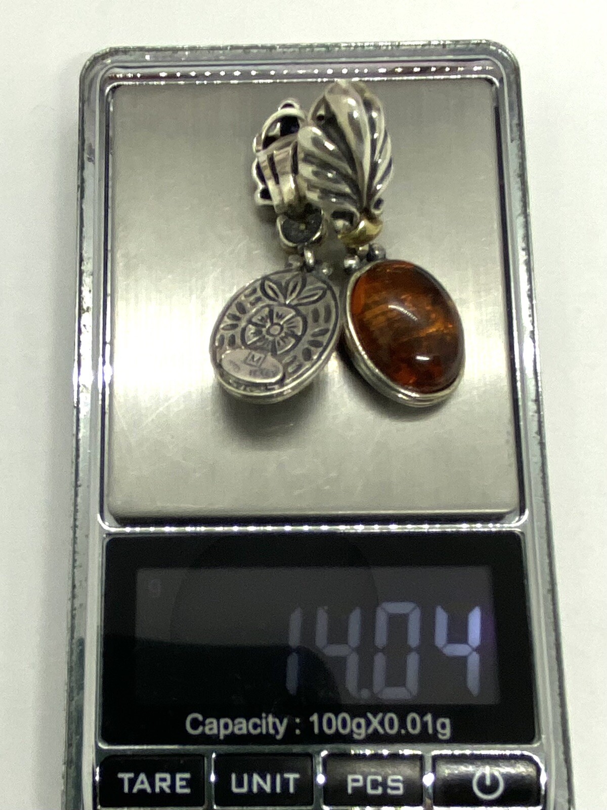 Vintage Italy Signed M Sterling Silver Amber Clip On Earrings 14.03g