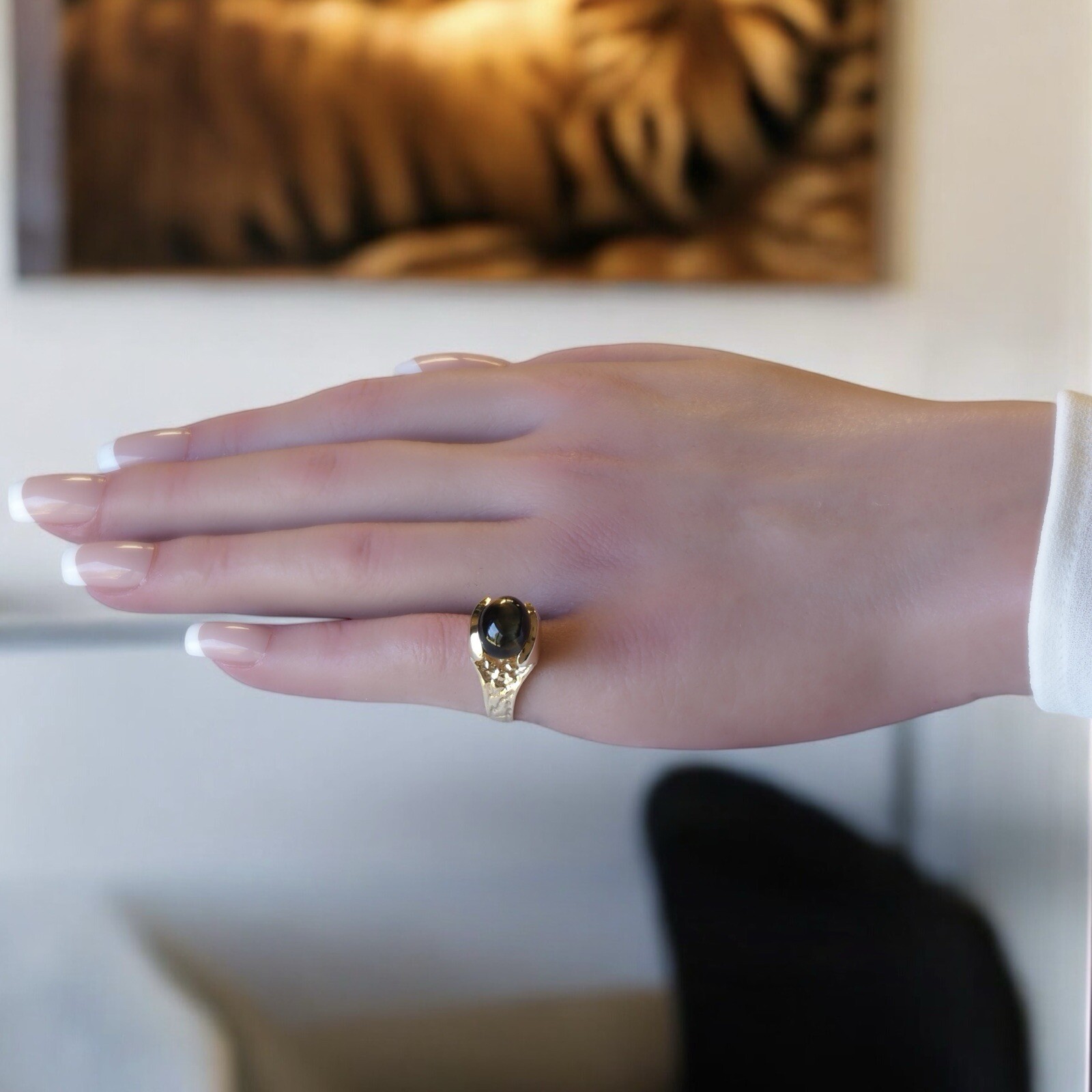 CHATOYANT CABOCHON 1970s 14K Yellow Gold High Set Tiger’s Eye Modernist Ring