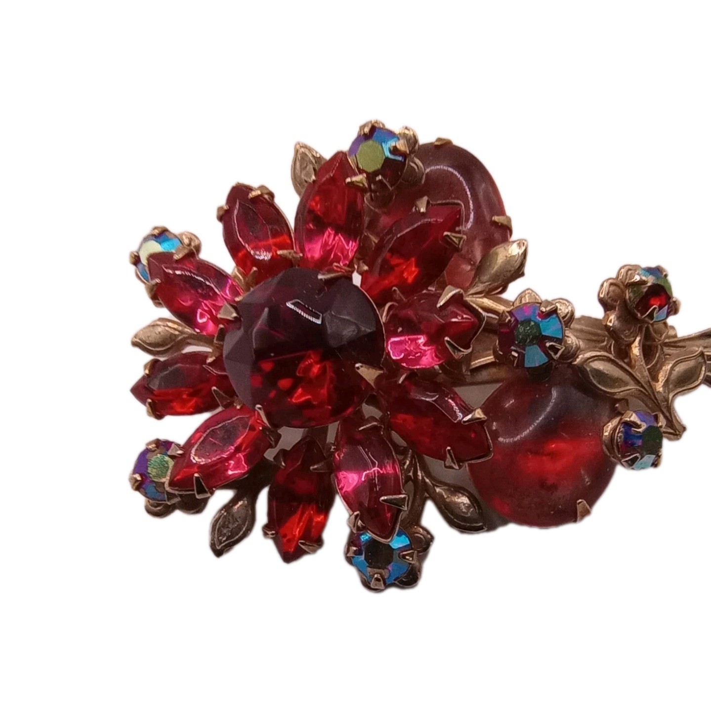 Vintage Ruby Red Floral Rhinestone Brooch Aurora Borealis Accent Pin 2 In
