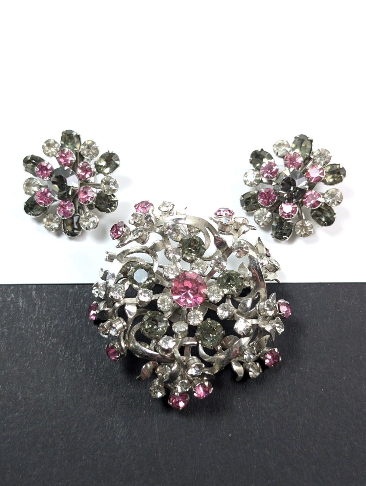 Vintage 3D Rhinestone Brooch and Earrings Set Gray Pink Flower Floral Clip on