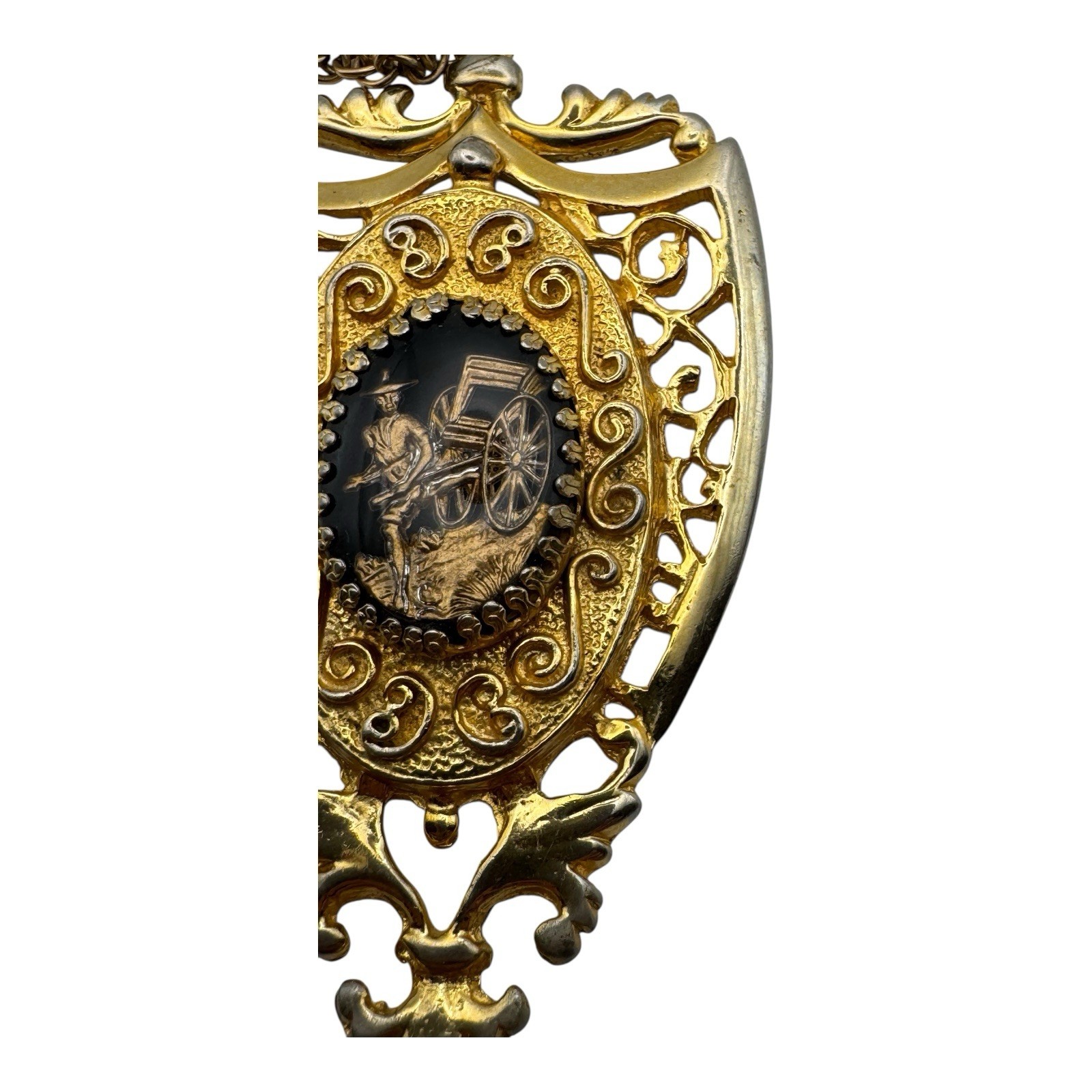 1950s Chinoiserie Intaglio Necklace Gold-Tone Filigree Pendant AC Co. 12KT GF
