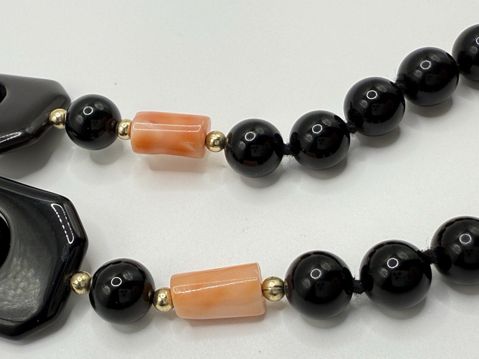 Vtg Black Onyx Pink Angel Skin Coral Necklace Chunky Statement Deco Geometric