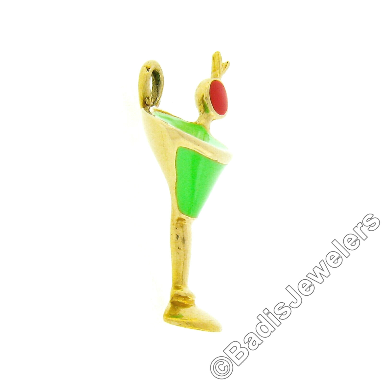 Vintage 14K Yellow Gold Green & Red Enamel Petite Martini Glass Charm Pendant