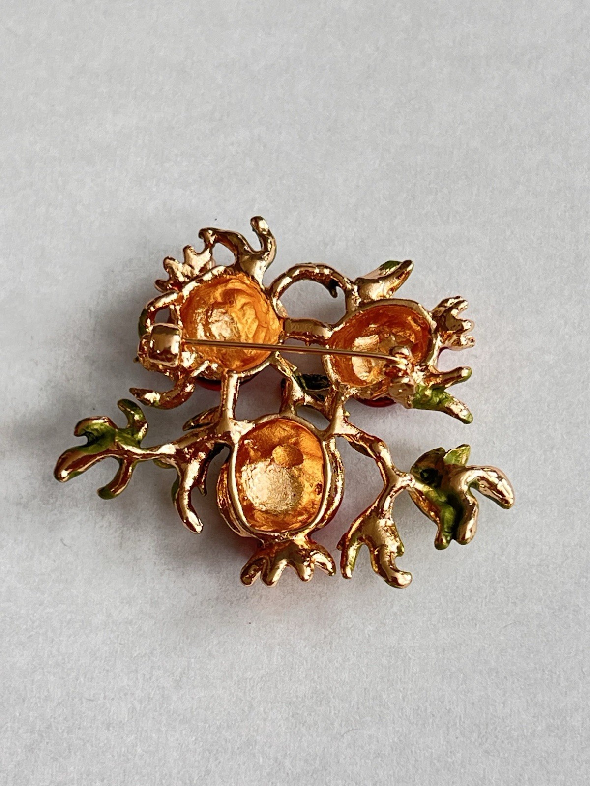 Pomegranate Branch Brooch Pin Red Enamel Fruit & Green Leaf Gold Tone