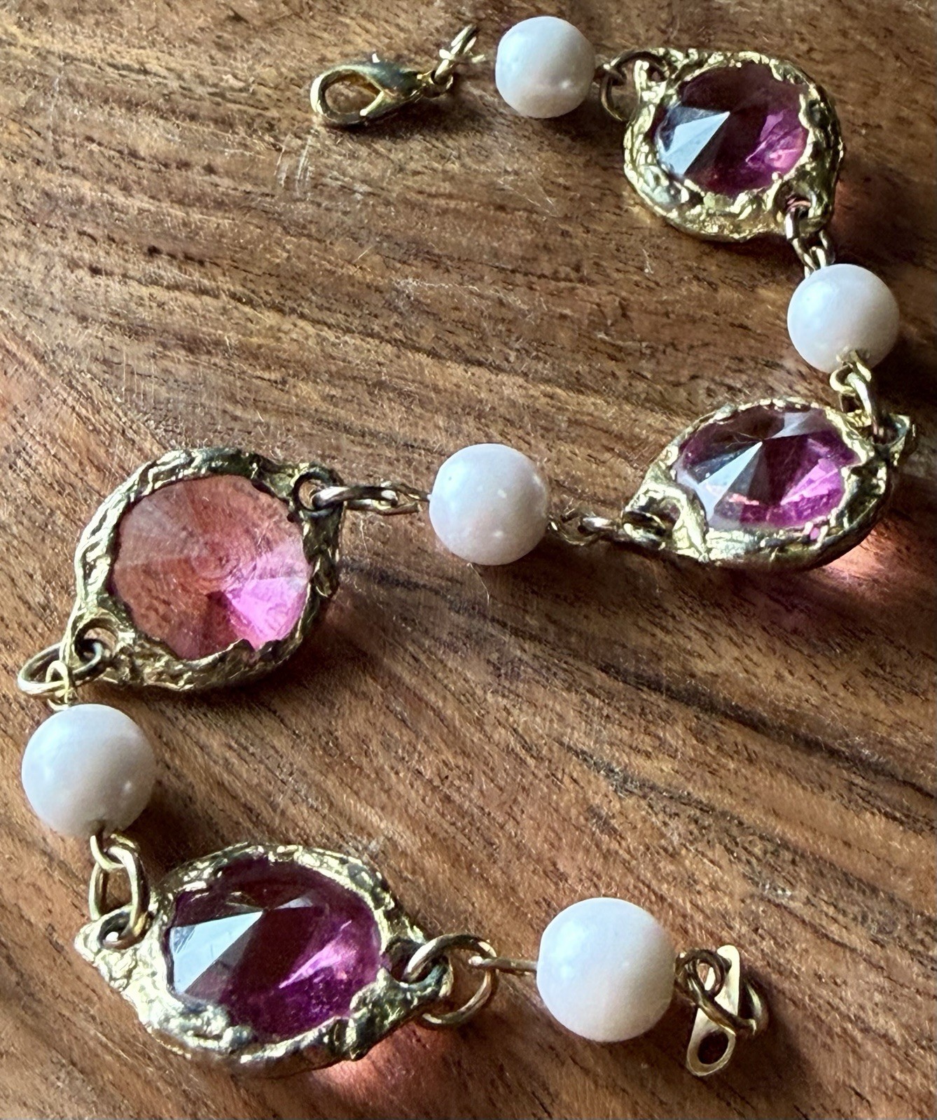 Paired Gold Tone Pink Stone Pearl Bracelet & Heart Dangle Pierced Earrings Korea
