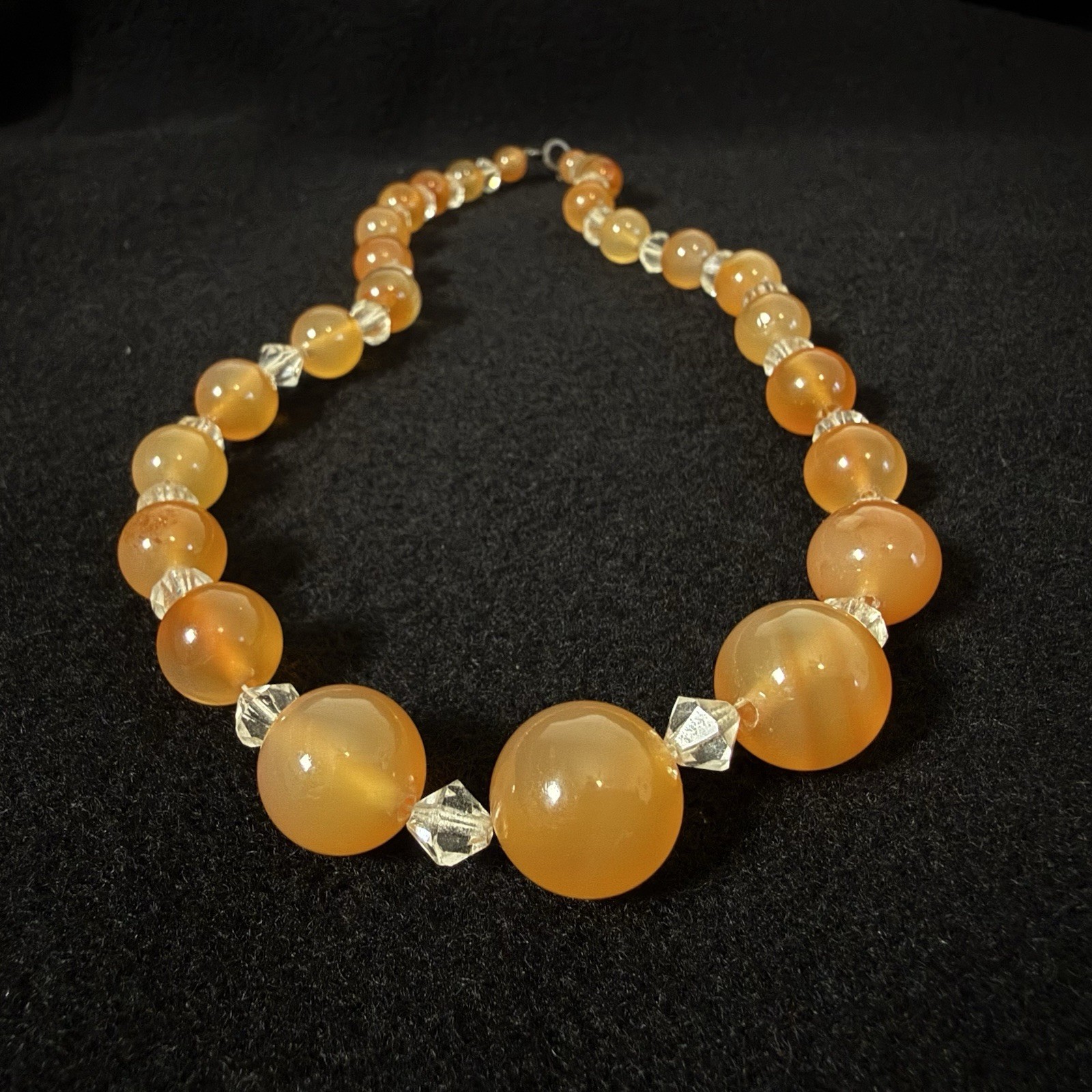 Vintage Orange Carnelian & Crystal Bead Choker Necklace Sterling Clasp Graduated