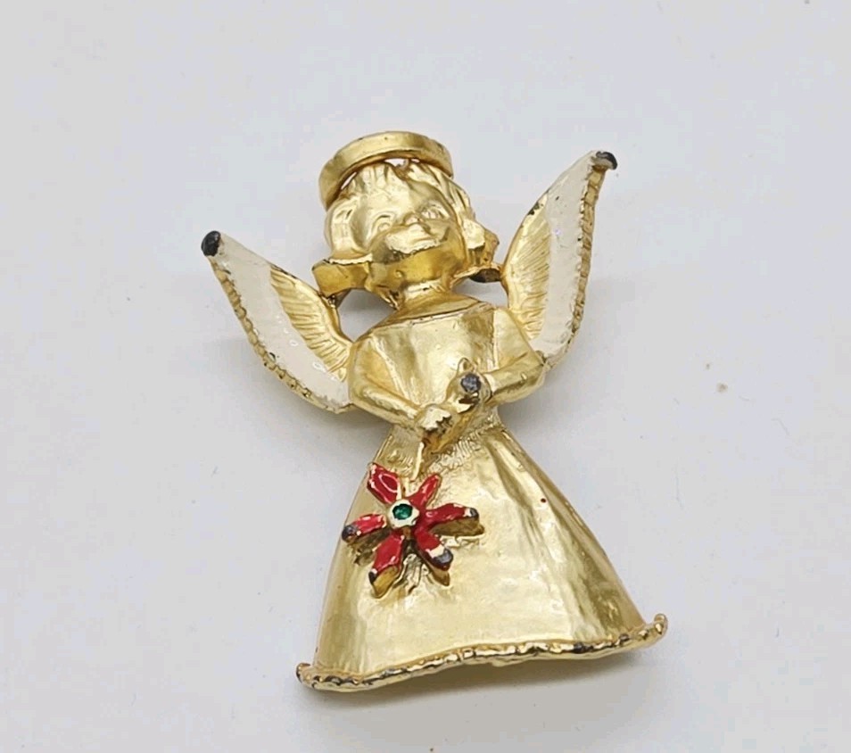 Angel Brooch Gold Tone Guardian Flower Pin with wings Victorian Vintage 1.75 in