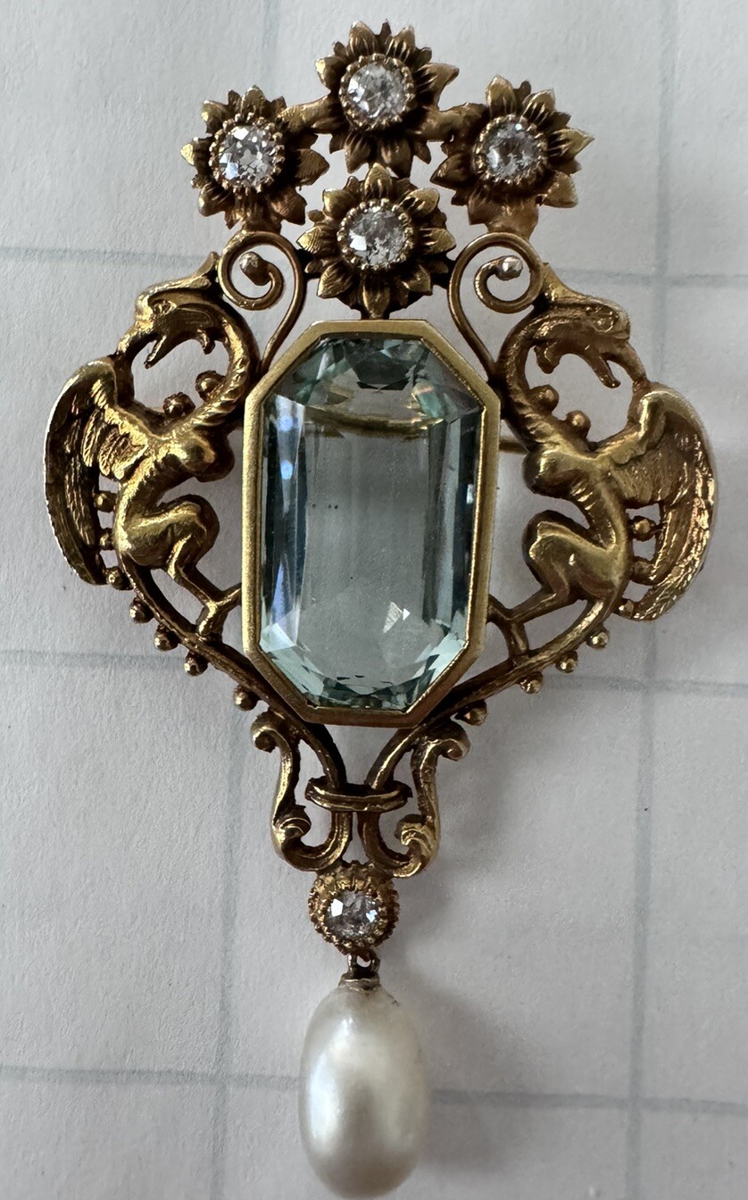 22k Gold Pin, 20.09 mm X 11.9mm 16.9 Kt Emerald Cut Aquamarine, Diamonds, Pearl