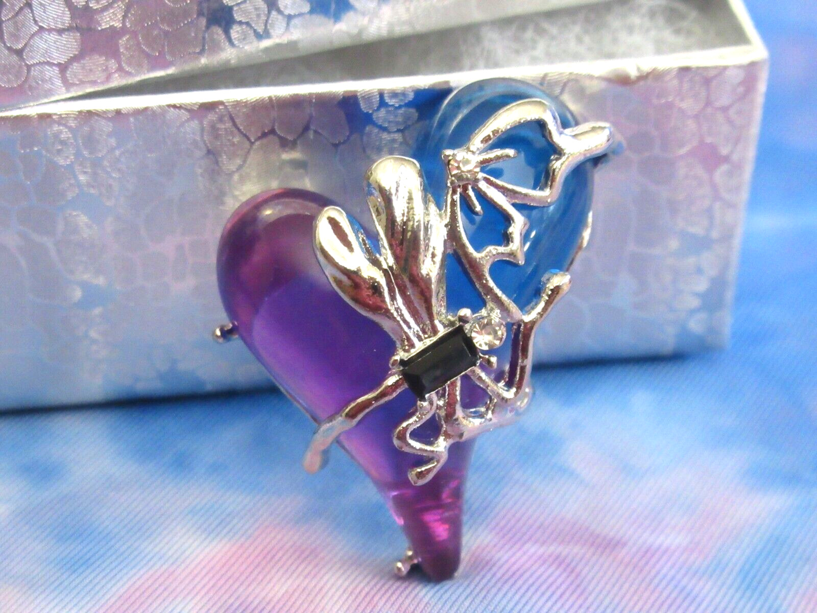 Gripoix Style Heart Brooch Purple & Blue Cabochon Silver Tone NEW