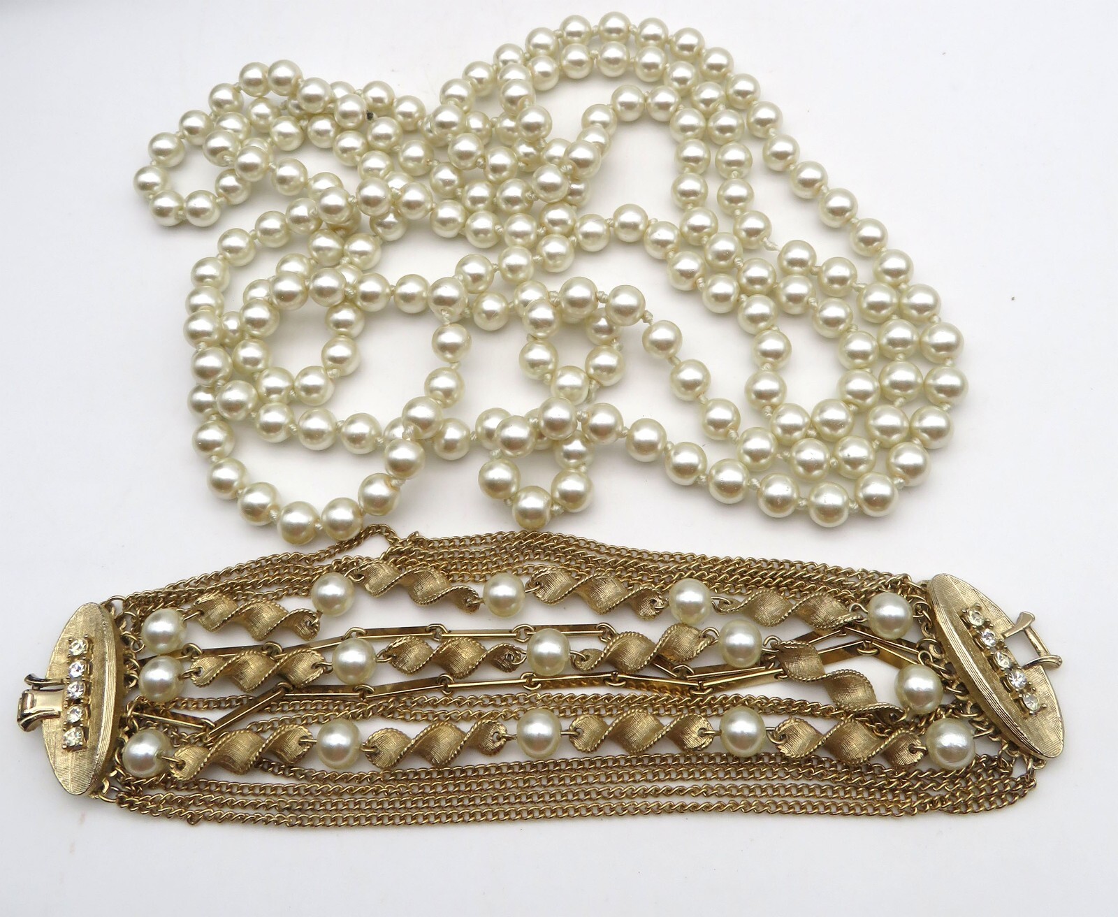 Vintage Wrap Around Necklace and Multi Strand Bracelet Faux Pearl Goldtone