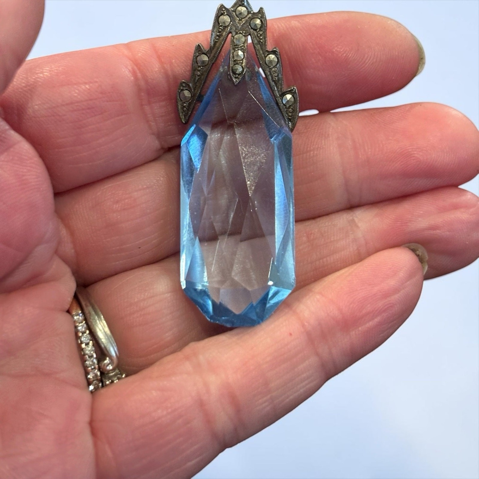 Ice Blue Crystal Pendant Sterling Silver Art Deco Czech Style