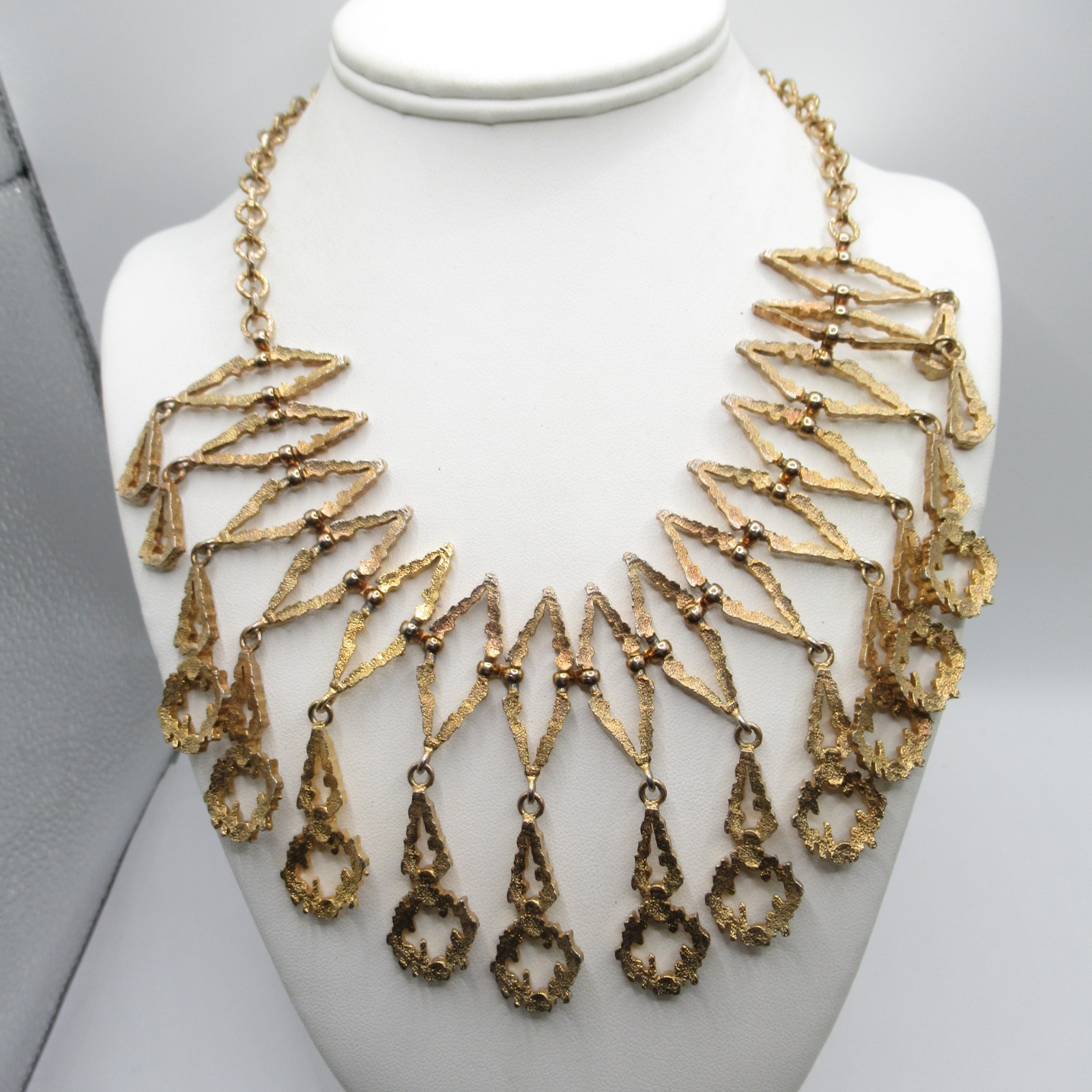 Darkened Gold Tone Brutalist Style Vintage Dangle Statement Necklace Festoon MCM