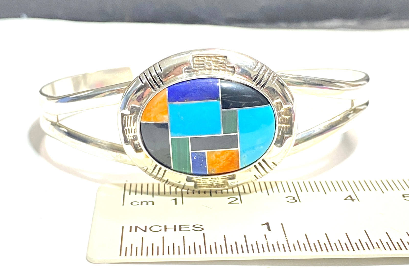 Vintage Sterling Multi-gem Inlay Carolyn Pollack Cuff Bracelet 2 1/2″ 2.5″