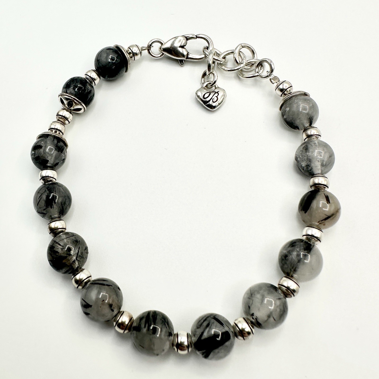 Vintage BRIGHTON Black Rutilated Quartz Beaded Bracelet Gray Marbled Silver Tone